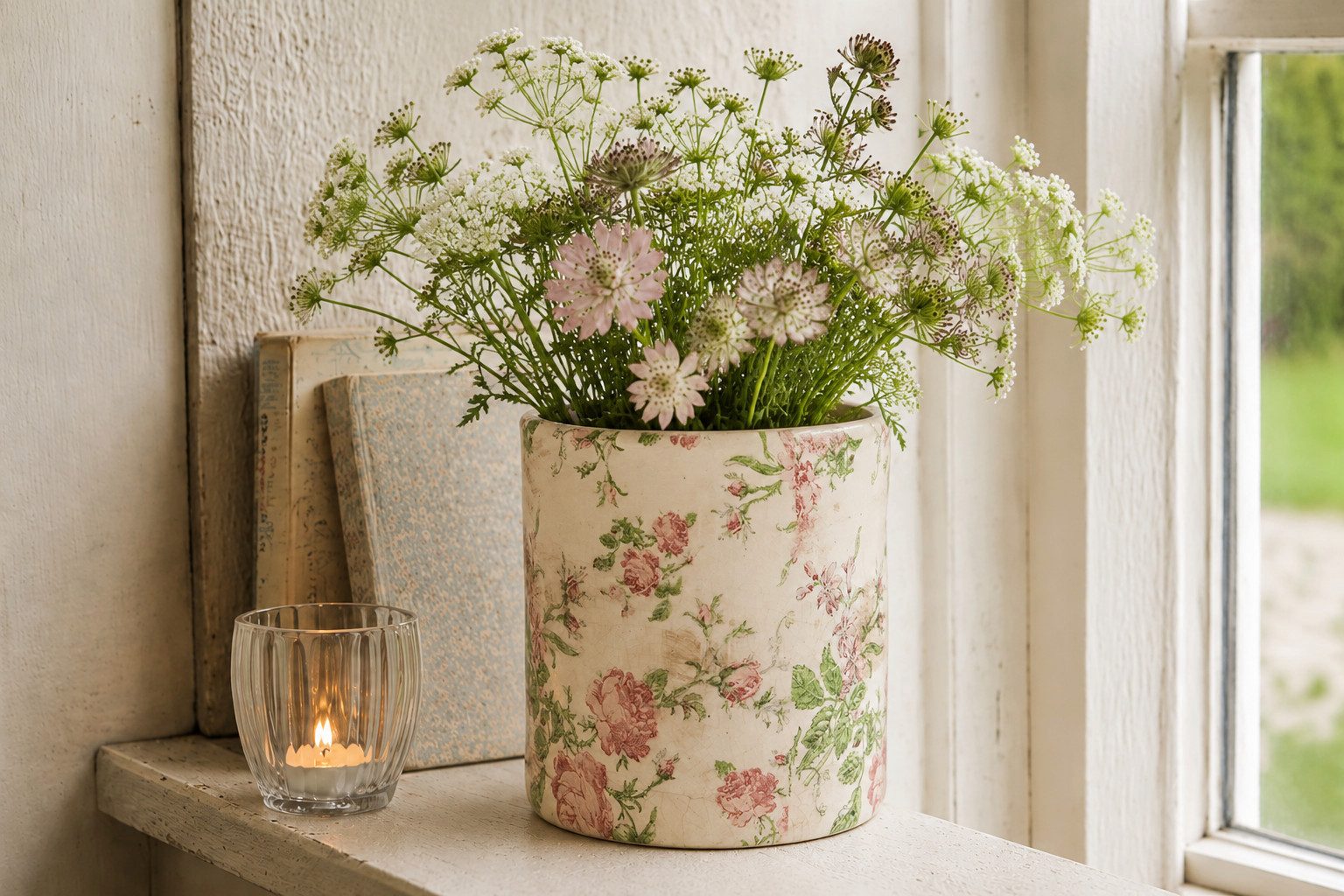 Clayre & Eef Dekovase Clayre & Eef Innenblumentopf Beige Rosa mit Blumenmotiv