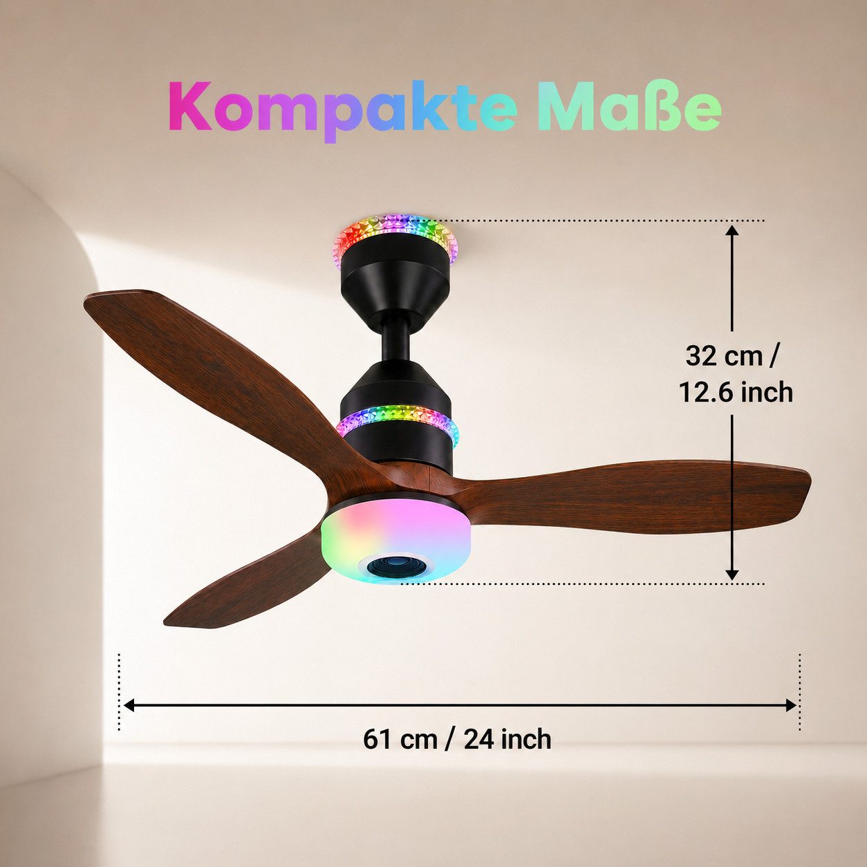 Lapamax Deckenventilator mit Beleuchtung, RGB Ventilator mit Bluetooth-Lautsprecher, 61CM, Leise Umgebungslicht, 3 Geschwindigkeitsstufen, 3-Farbtemperatur