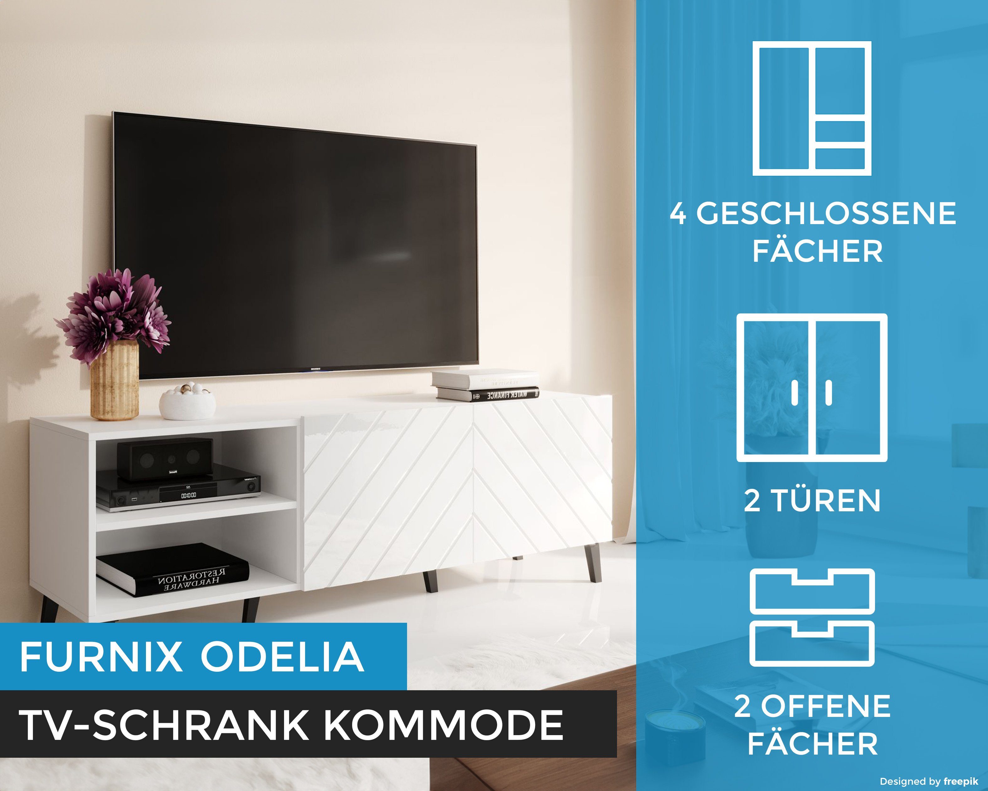 x Ziertüren bzw. Glanz cm H52 mit Weiß TV-Schrank Lowboard ODELIA Fernsehschrank 200 150 x T41,6 Furnix Auswahl B150