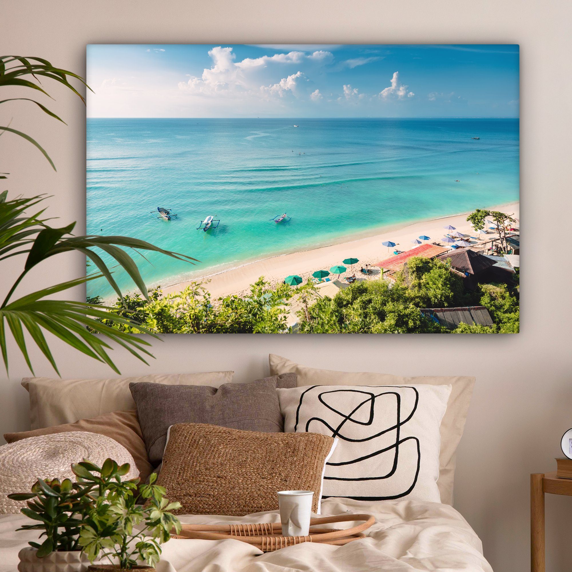 OneMillionCanvasses® Leinwandbild Strand Boot Gemälde, St), - - Bali, für Wandbild cm XXL, Meer (1 großes, 120x80 - alle Wohnbereiche