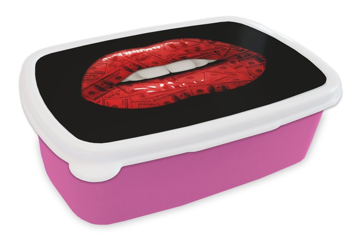 MuchoWow Lunchbox Lippen - Geld - Rot, Kunststoff, (2-tlg), Brotbox für Erwachsene, Brotdose Kinder, Snackbox, Mädchen, Kunststoff rosa | Lunchboxen