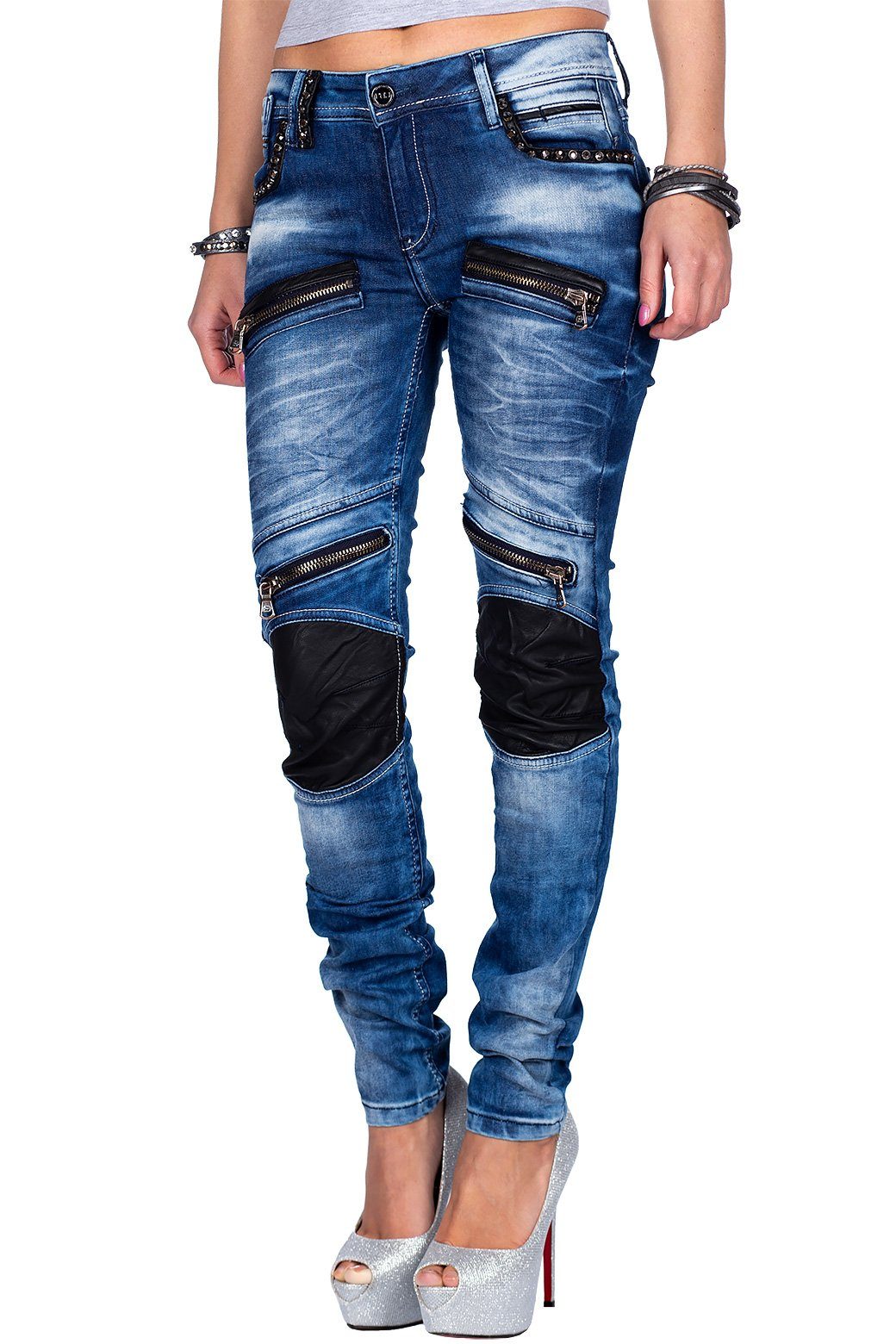 Cipo & Baxx Bikerjeans Damen skinny fit Hose Stonewashed BA-WD346 Besonderer Kniebereich