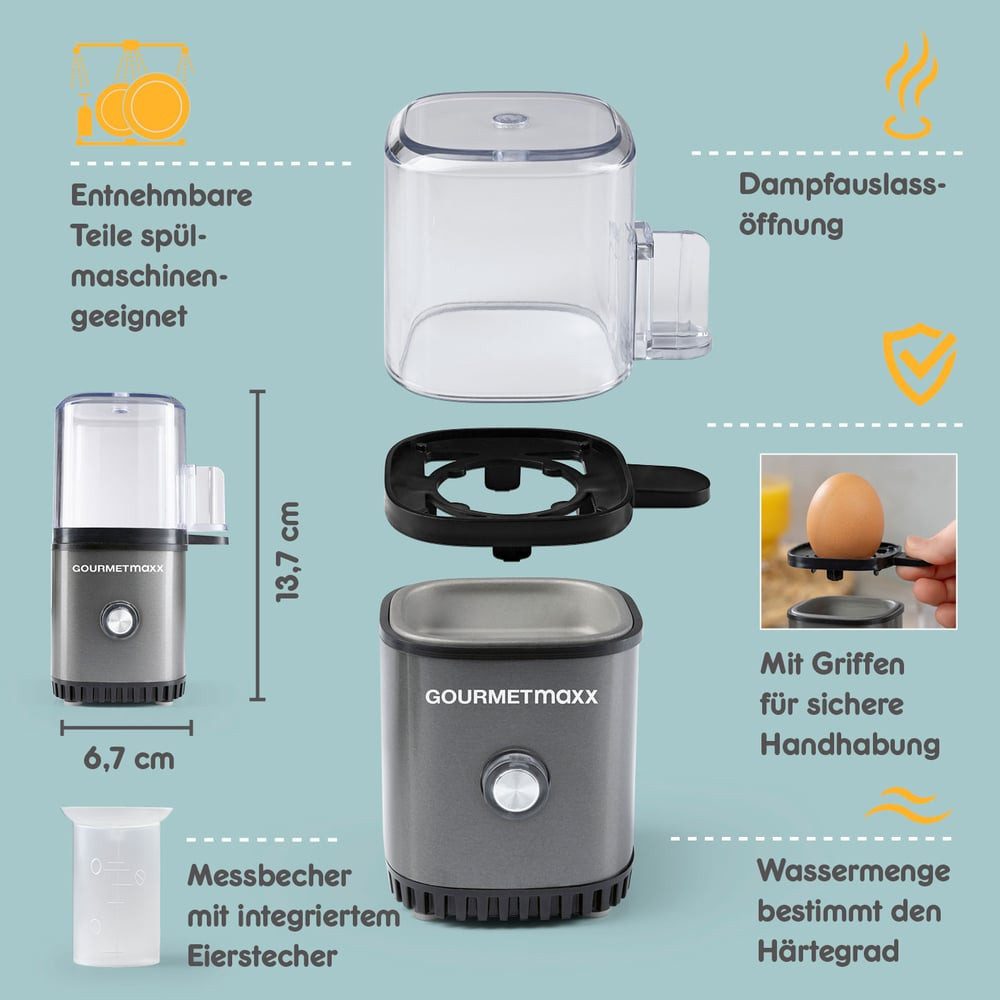 GOURMETmaxx Eierkocher für 1 Ei 70W anthrazit, 70 W, mit Messbecher und Eierstecher - kompakt