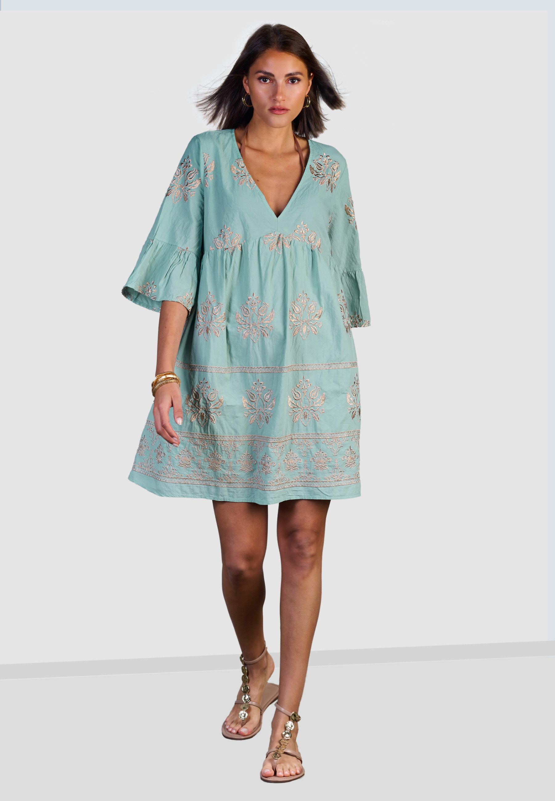 Andijamo-Fashion Minikleid GOLDEN BLOOM Locker fallendes Kleid in ausgestellter A-Linie