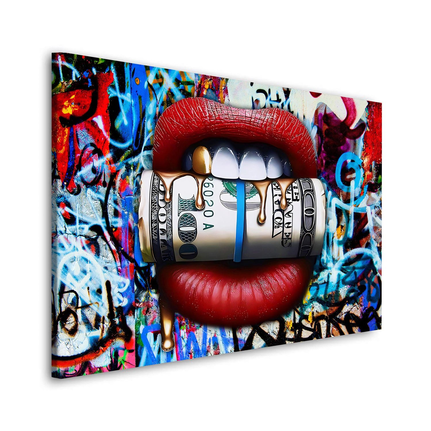 Artedinoi Leinwandbild Money rote Lippen Graffiti Wandbild Leinwandbild Kunstdruck XXL Deko