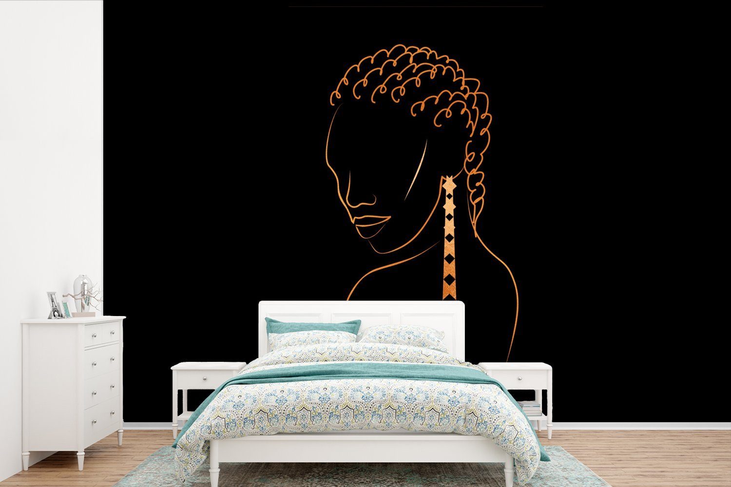 MuchoWow Fototapete Frau - Ohrringe - Linienkunst - Gold, Matt, bedruckt, (6 St), Wallpaper für Wohnzimmer, Schlafzimmer, Kinderzimmer, Vinyl Tapete