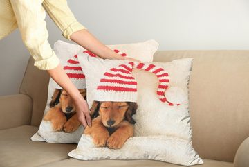 Kissenbezüge Modern Accent Doppelseitiger Digitaldruck, Abakuhaus (2 Stück), Dackel Hund in der Weihnachts Elf-Hut
