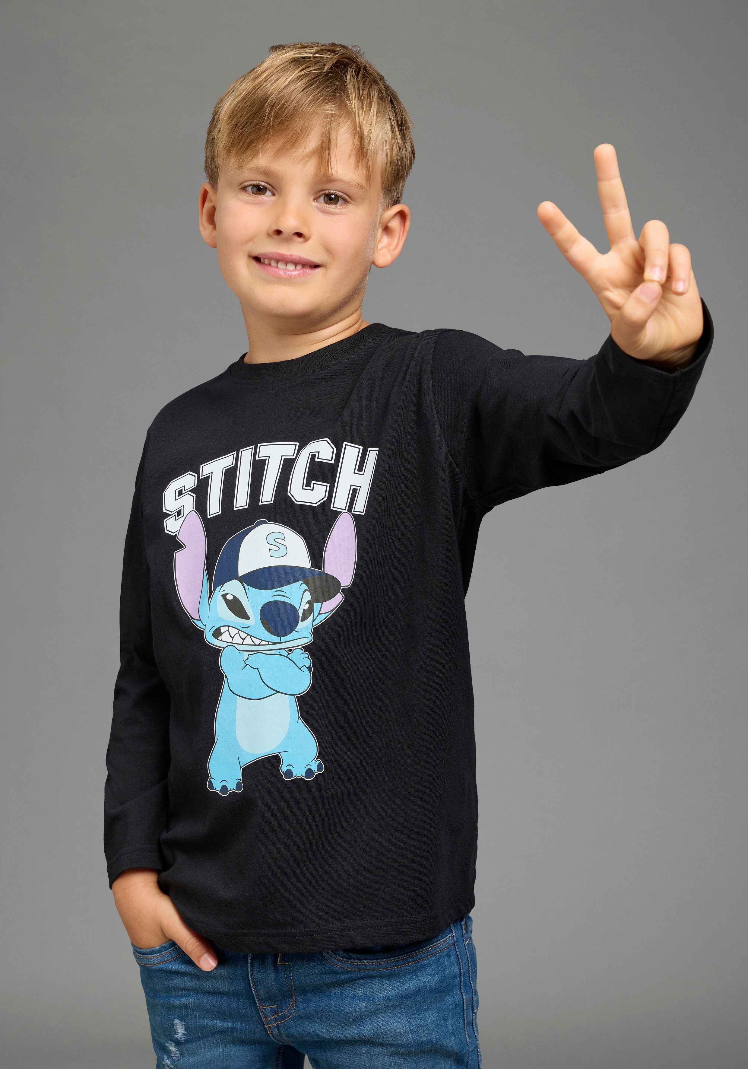 KIDSWORLD Langarmshirt STITCH Shirt für Jungen, Disney Disney-Shirt, modischer Stil, Basic-Passform, mit Rundhalsausschnitt