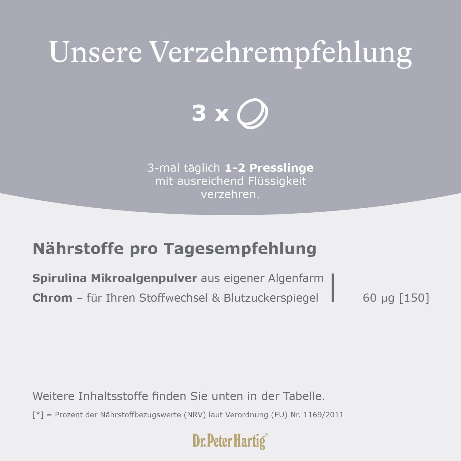 Dr. Peter Hartig Spirulina Chrom, unterstützt Stoffwechsel und Blutzuckerspiegel Presslinge, 550 Presslinge, 6-Monats-Vorrat, à 110 g