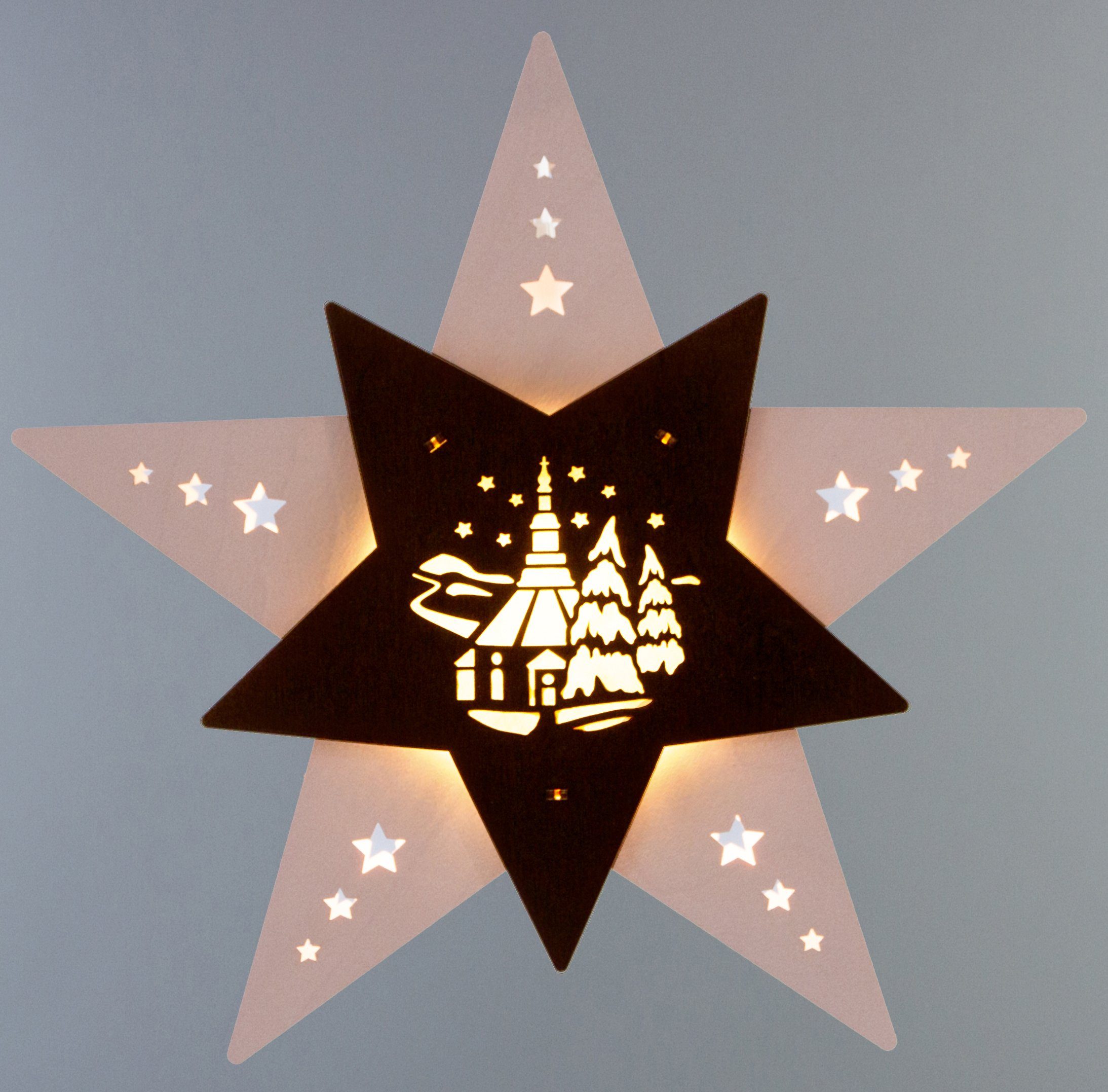 Seiffener Stern beleuchtetes Fensterbild Warmweiß, Weihnachtsdeko, wechselbar, Leuchtmittel Kirche, LED Weigla