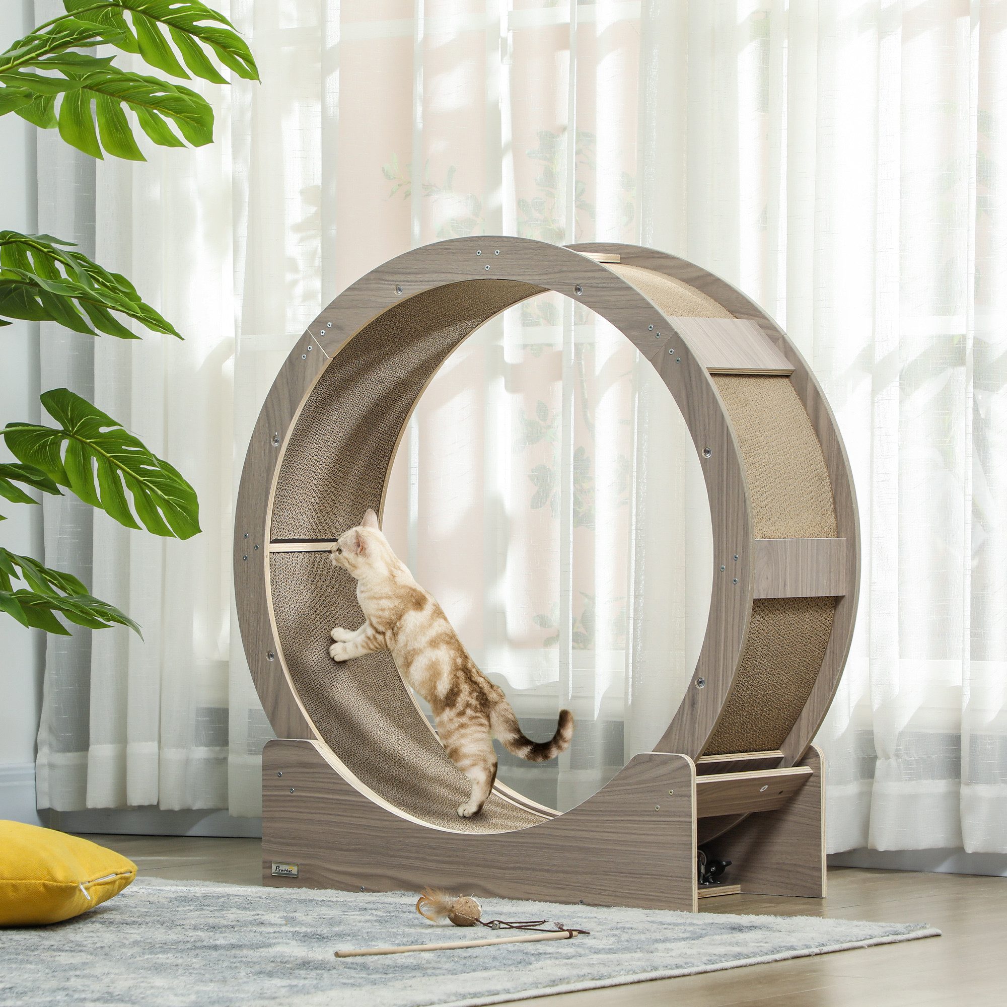 PawHut Tierlaufrad Katzenlaufrad 91 cm Durchmesser mit Bremse Laufbahn Kratzbrett, für gesunde Bewegung, Entspannung, Walnuss