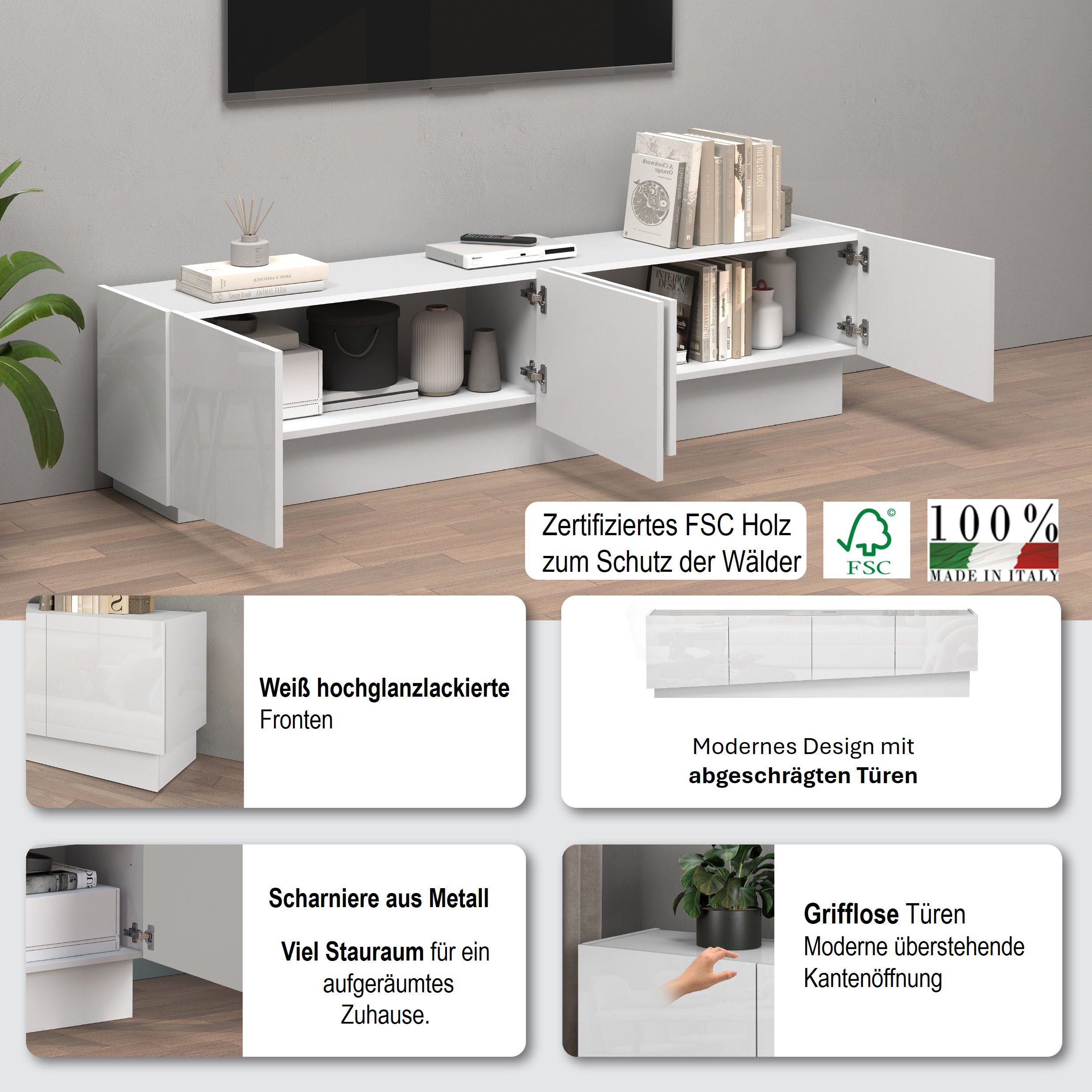 OTTO home Lowboard VELA, Lowboard, Breite 180 cm, Design mit schrägen Türen,Made in Italy (1 St), Maße B/T/H: 180x35x45, Hochglanz lackierte Fronten,TV-Board,TV-Kommode