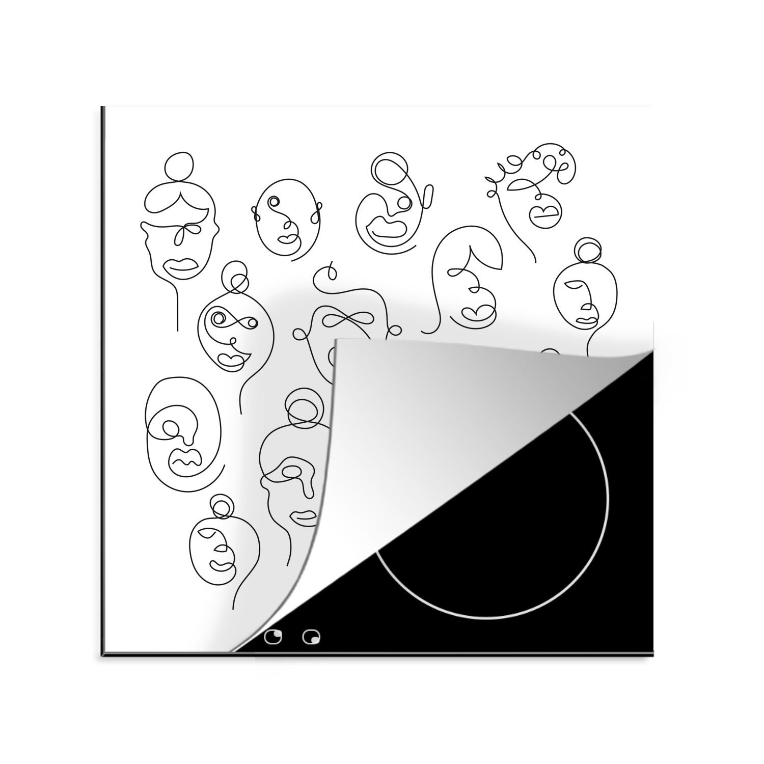 MuchoWow Herdblende-/Abdeckplatte Einzeilige Illustration von Gesichtern, Vinyl, (1 tlg), 78x78 cm, Ceranfeldabdeckung, Arbeitsplatte für küche | Herdabdeckplatten