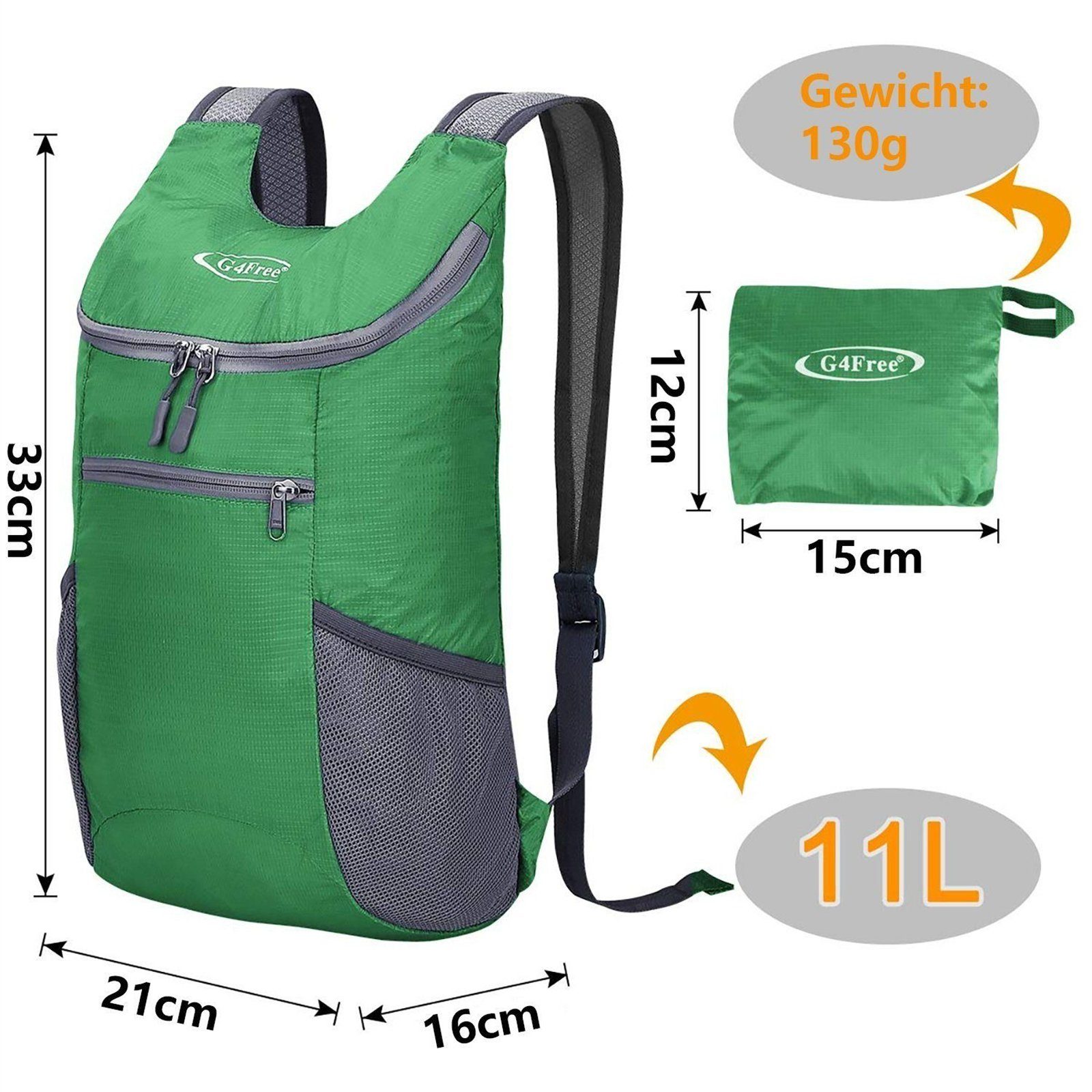 G4Free Wanderrucksack, Kleiner Rucksack 11 L, Wanderrucksack Backpack Grün