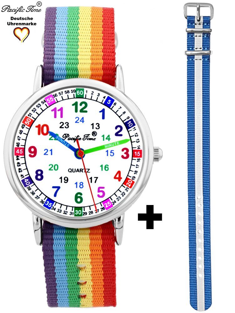 Kinder Kids (Gr. 92 -146) Pacific Time Quarzuhr Kinderuhr Armbanduhr Mädchen Lernuhr Wechselarmband Regenbogen + blau reflektier