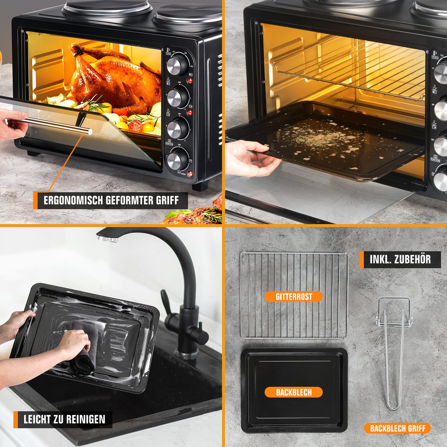 LETGOSPT Multiofen Mini-Backofen mit 2 Kochplatten 36L Kapazität, 3200W, Umluft, max 250°C, geeignet für Camping, Wohnheim & Kleinküchen