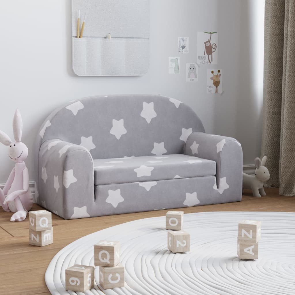 vidaXL Kindersofa, Kinder Schlafsofa 2-Sitzer Hellgrau mit Sternen Weicher Plüsch