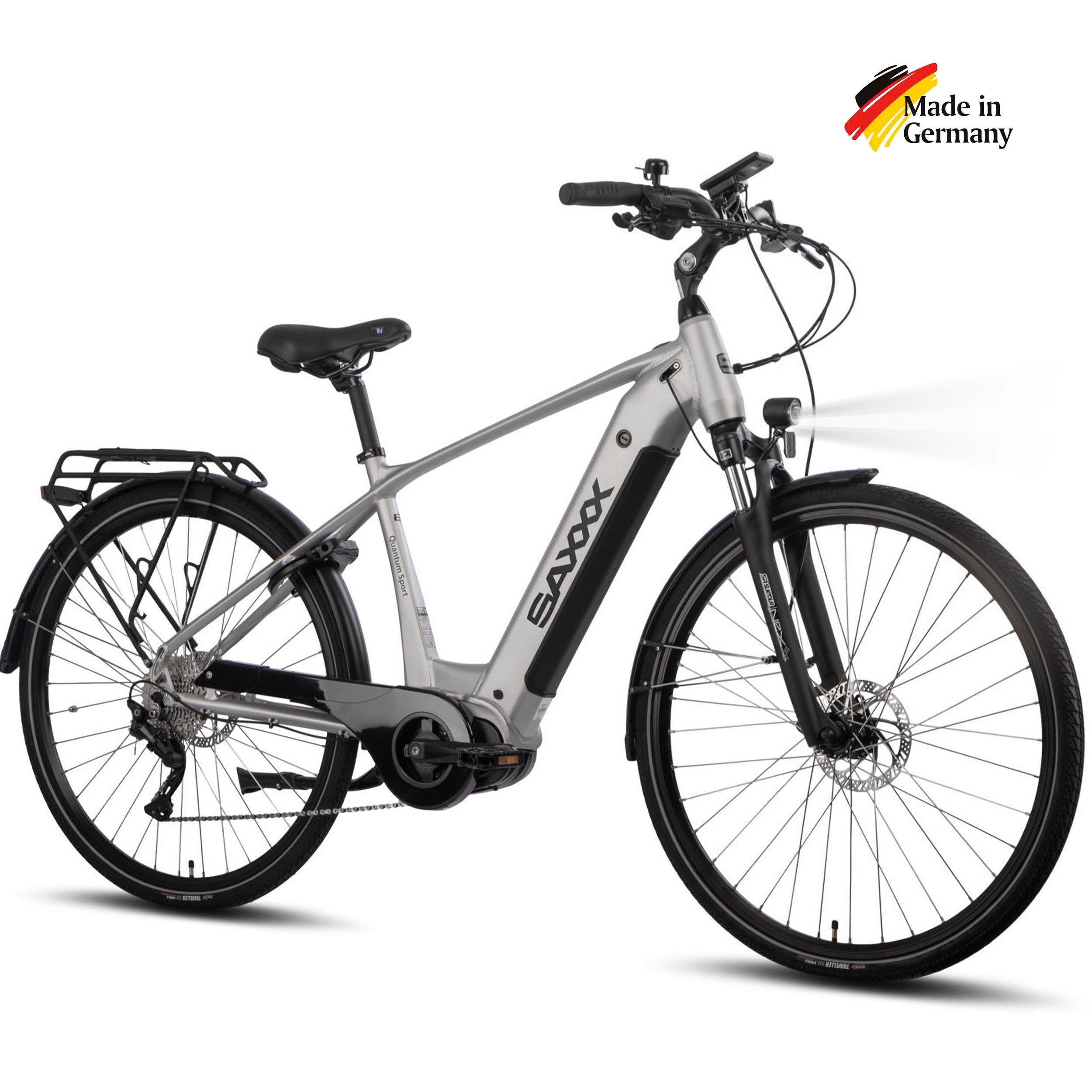 SAXXX E-Bike Trekkingrad 28 Zoll für Damen u. Herren, SAXXX QSD, 540Wh, max. 110km, 130kg, 10 Gang SHIMANO Deore Schaltwerk, Kettenschaltung, Mittelmotor, 540 Wh, (mit entnehmbarem Akku, mit Akku-Schlüssel, mit Gepäckträger), StVZO Pedelec, hydr. Scheibenbremsen, vormontiert zu 95 %