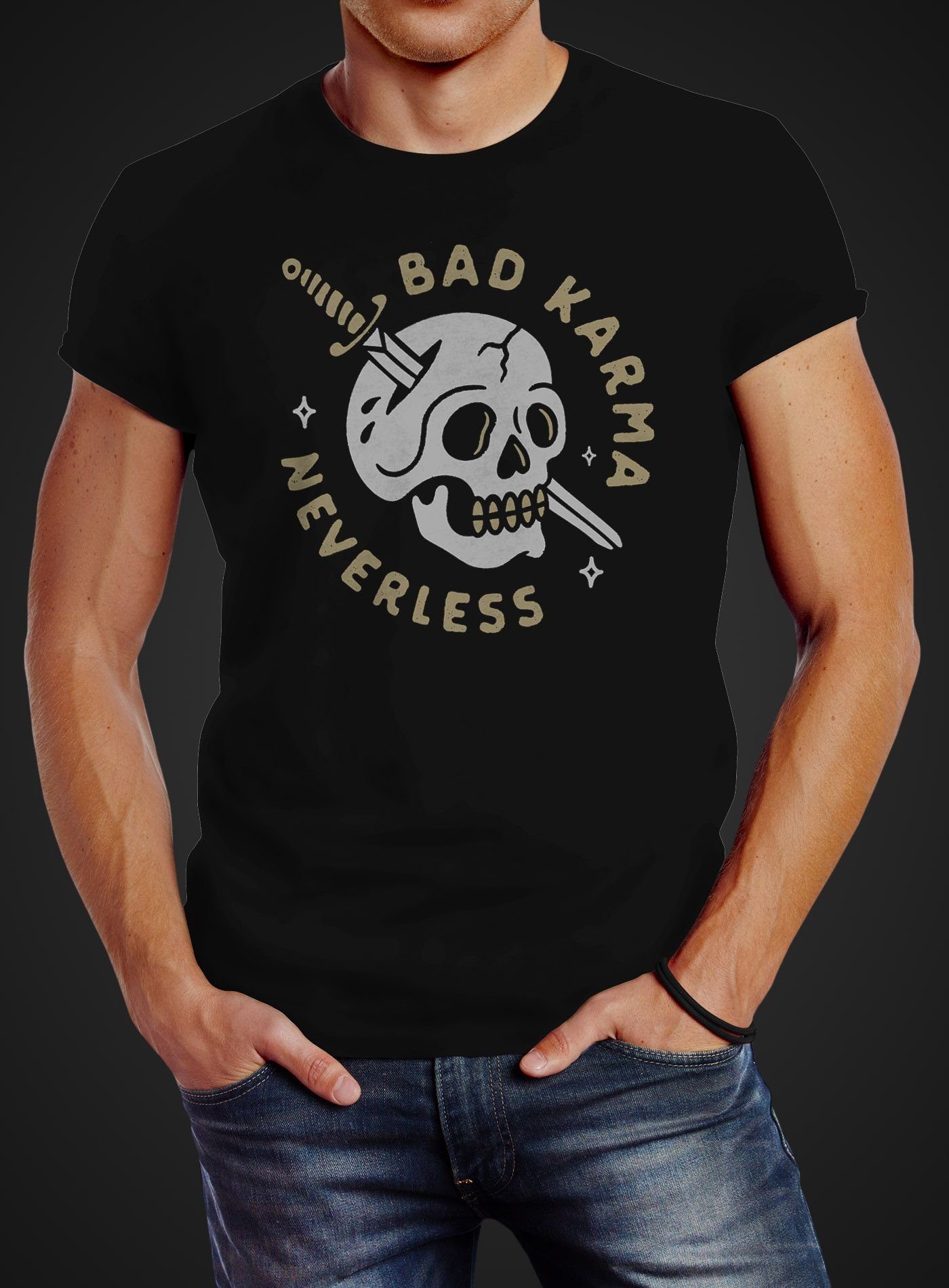 Streetstyle mit Schwert T-Shirt Neverless Fashion Herren Karma Schriftzug Print Neverless® Bad Bikermotiv Skull Totenkopf mit Print-Shirt