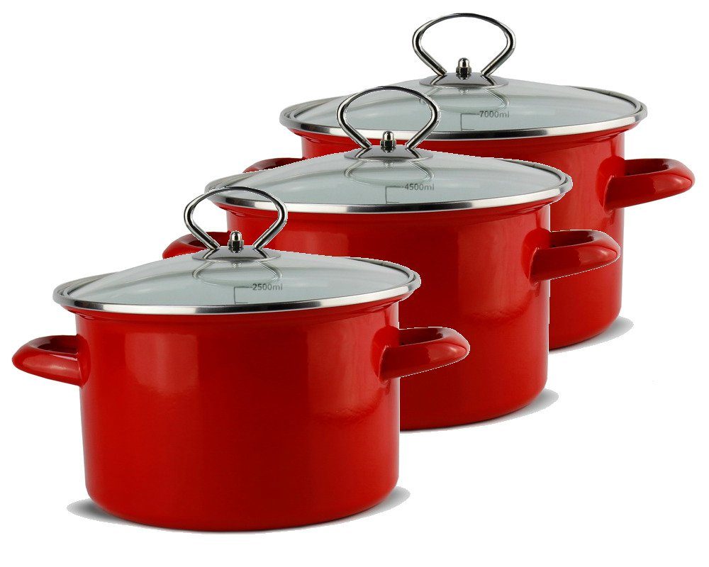 Schäfer Elektronik Topf-Set 3tlg. Töpfe ⌀ 20, 24 und 28 cm Metallic-Rot, Emaille, robuste Stahllegierung (Kapazität: 2,5; 4,5 und 7 Liter), Deckel aus Sicherheitsglas