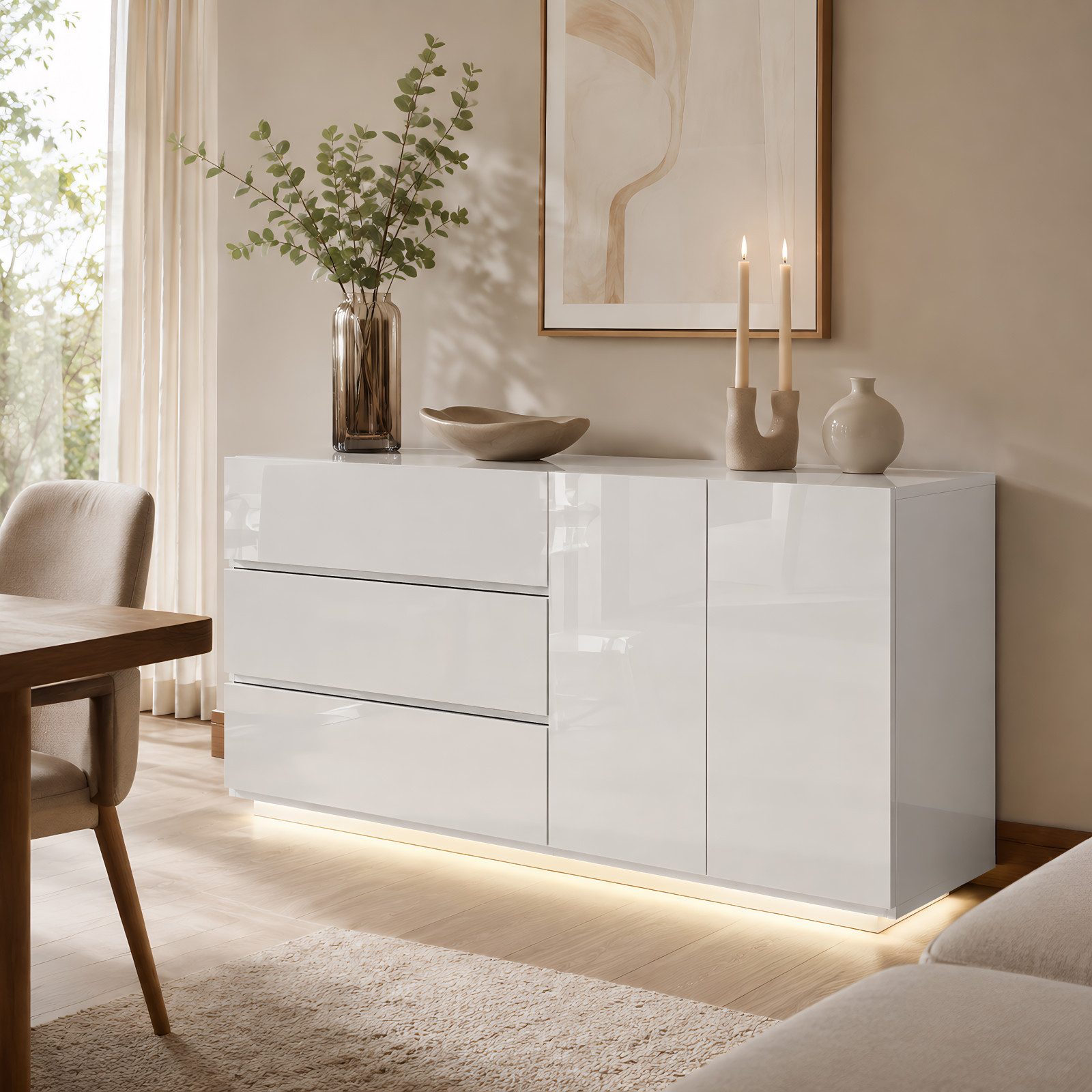 Simurq Kommode Hochglanz Sideboard Modern Mit LED Beleuchtung, 160 cm Kommode Weiß (Packung, Wohnzimmerschrank Für Schlafzimmer Esszimmer Büros Flur), Buffetschrank Küchenschrank mit 3 Schubladen, 2 Türen, 160x35x76 cm