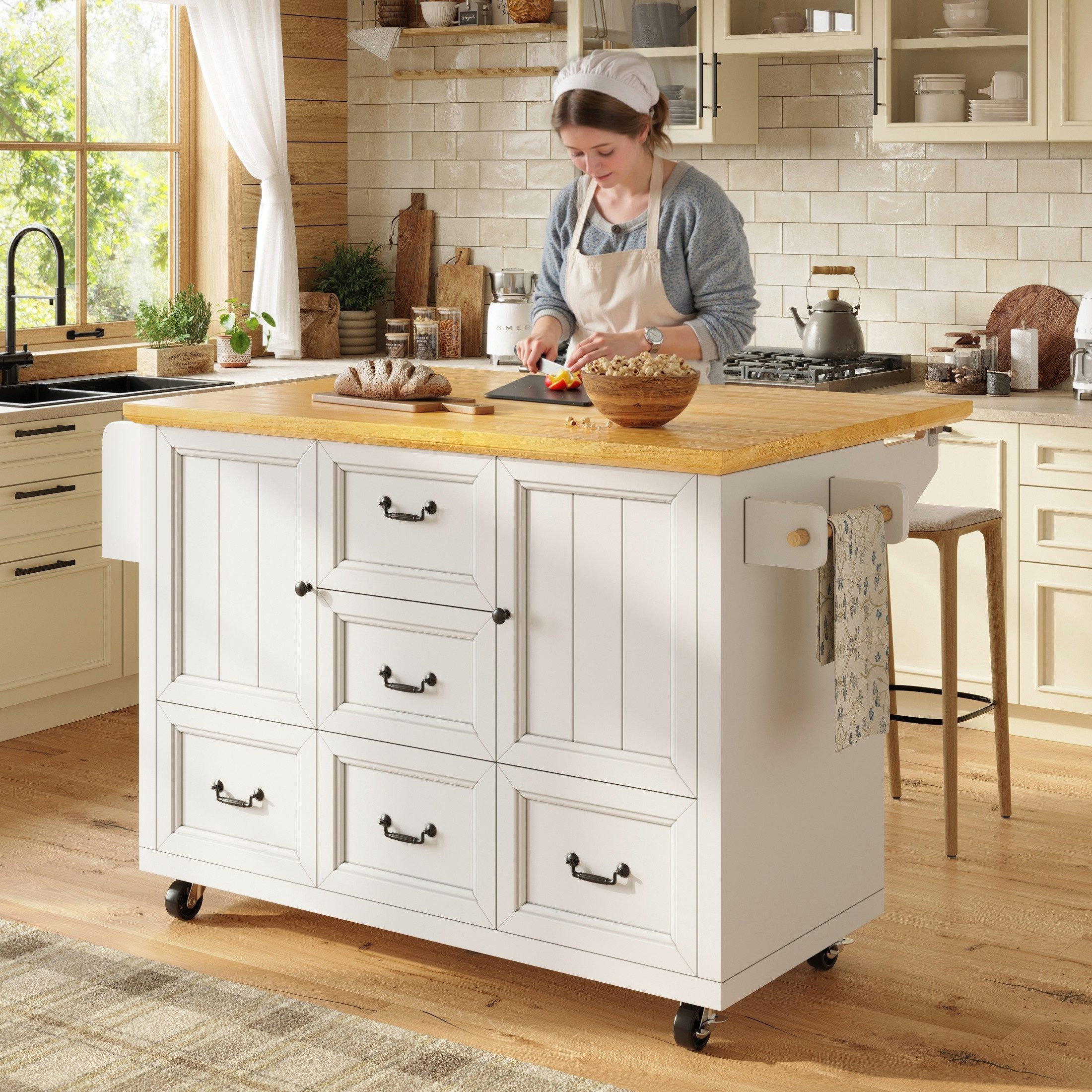 autolock Кухниinsel Sideboard ausziehbarer Кухниwagen auf Rollen, 2 Türen, 5 Schubladen, Schrank mit Handtuchhalter & Gewürzregal verstellbare Einlegeböden