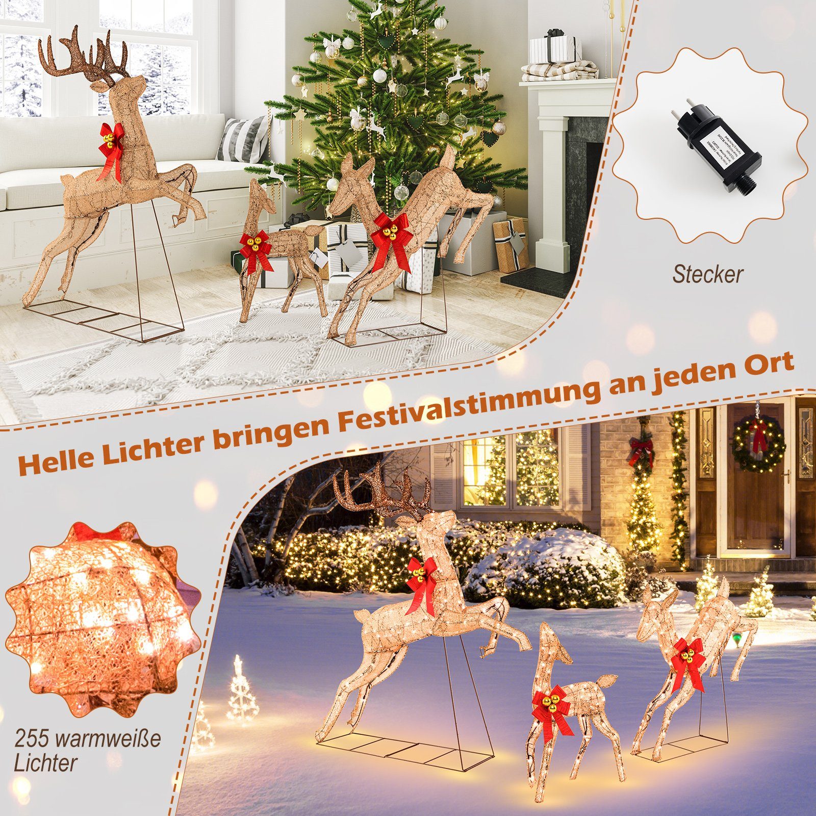 COSTWAY Weihnachtsfigur, 3tlg. LED Rentier mit günstig online kaufen