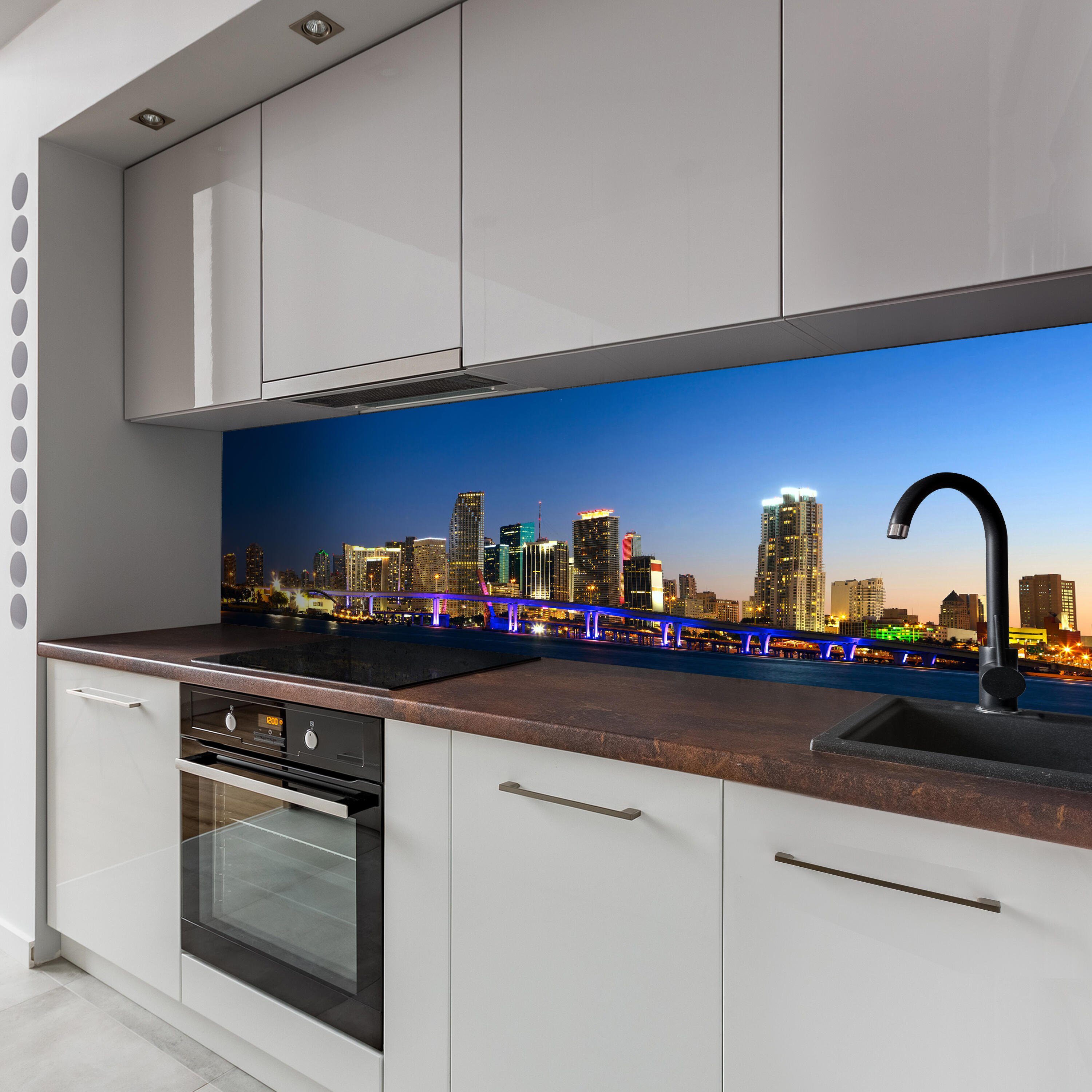 wandmotiv24 Küchenrückwand Downtown Miami Skyline Hartschaum in (1-tlg), Panorama, versch. Größen Nischenrückwand Premium