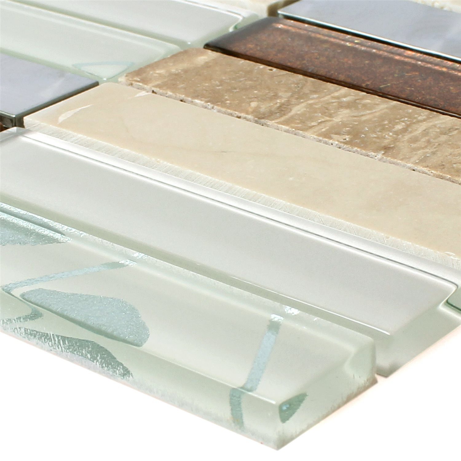 Mosafil Mosaikfliesen Mosaikfliesen Musical Glas Stein Stahl Mix, Naturstein-Glas-Metall-Edelstahl 29.800x29.800, beige-braun-silber, Verlegefertig auf ein Netz geklebt - Wasserfest