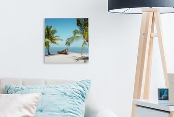 OneMillionCanvasses® Leinwandbild Palme - Boot - Strand, (1 St), Leinwand Bilder für Wohnzimmer Schlafzimmer