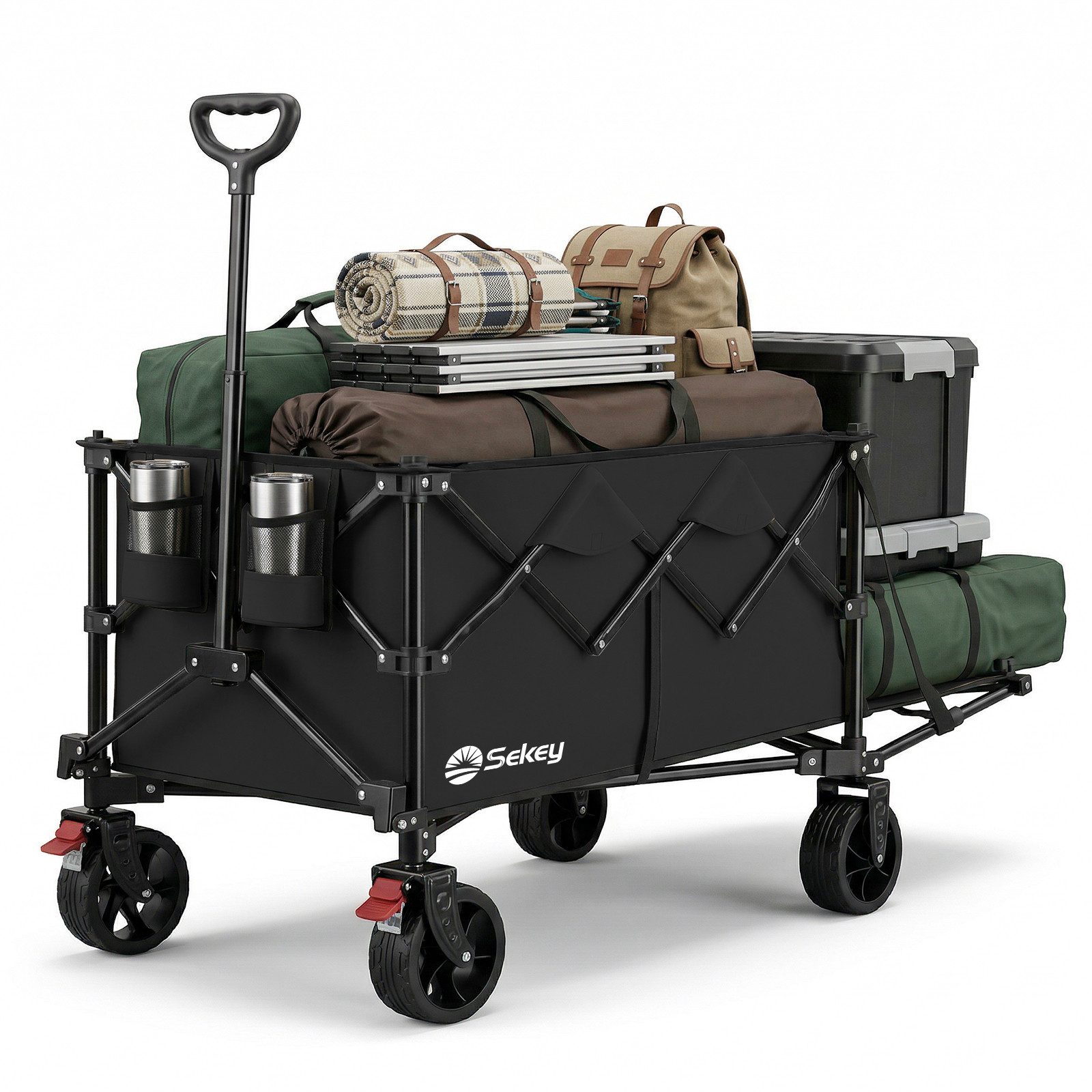 Sekey Bollerwagen 150 KG Faltbarer Bollerwagen Faltbar Handwagen verlängerbar auf 129 cm, 160L bis 240L dank erweiterbarer Heckklappe / Hintertür für Hund