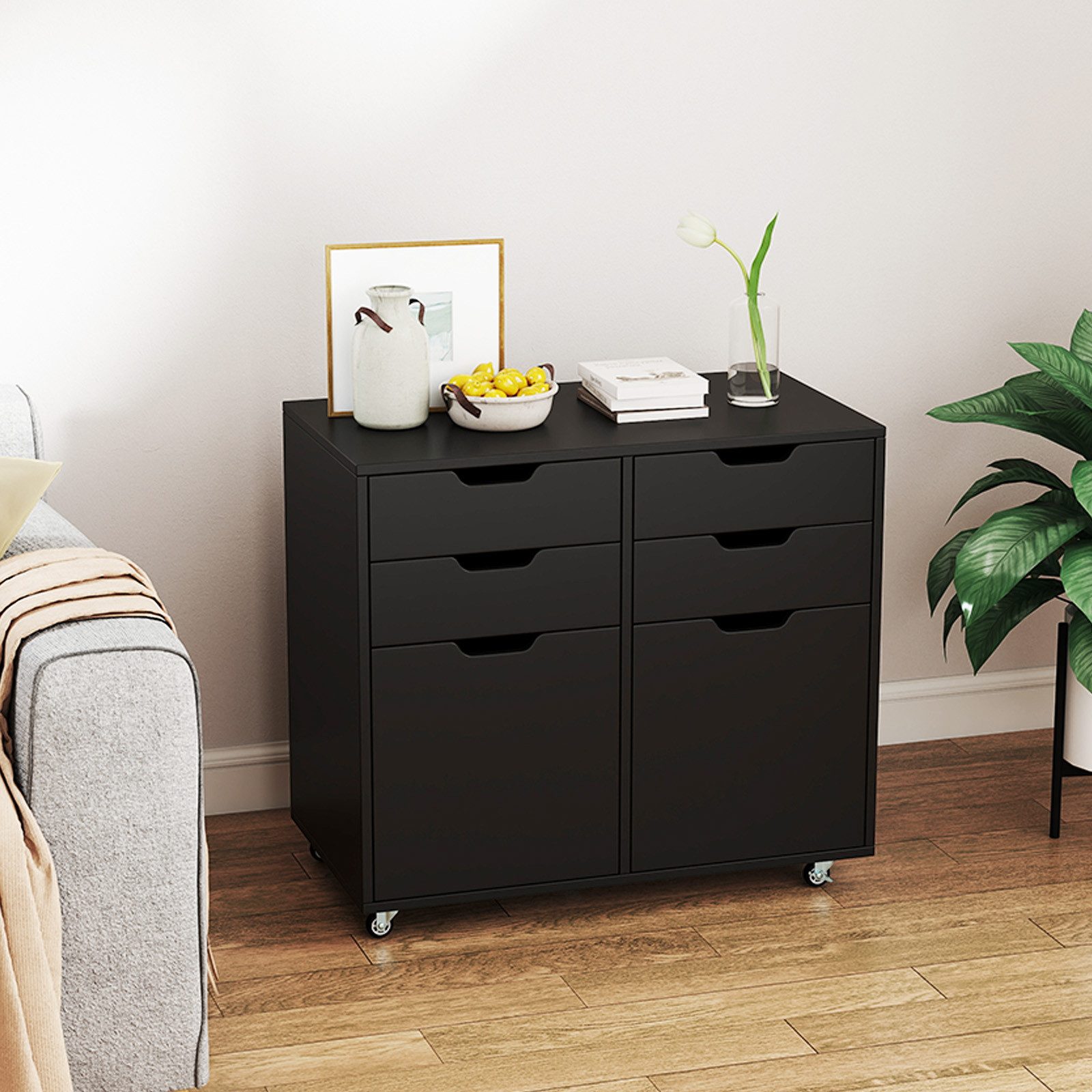 COSTWAY Rollcontainer, mit 4 Schubladen, 2 Türen, Büroschrank mit Rollen günstig online kaufen