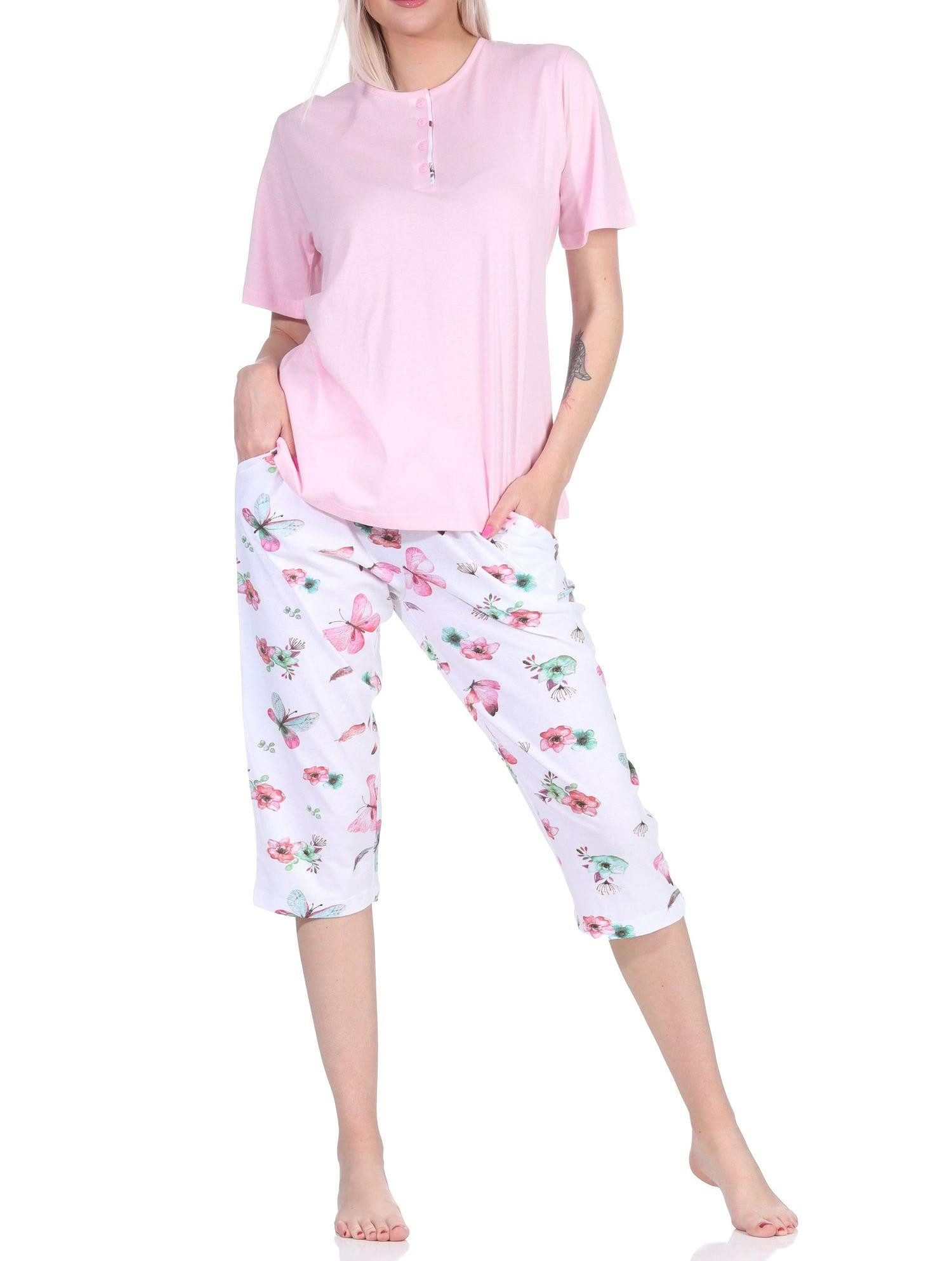 Pyjama Damen Schlafanzug kurzarm mit Capri-Hose in floralem Print