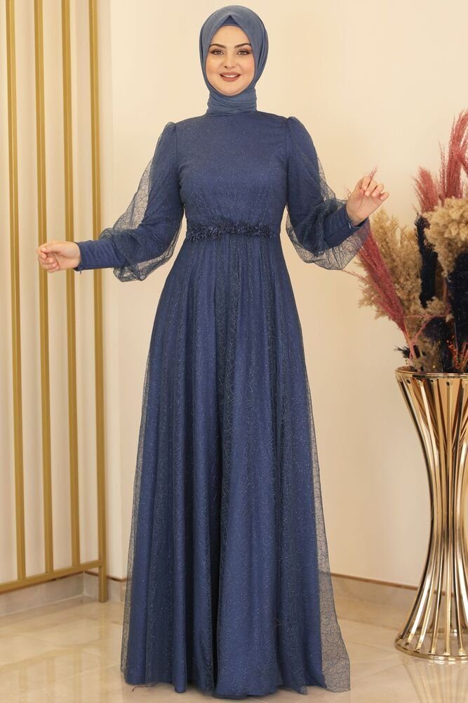 Modavitrini Abendkleid silbriges Tüllkleid Abiye Kleid Abaya Blau langärmliges Maxikleid Hijab Navy