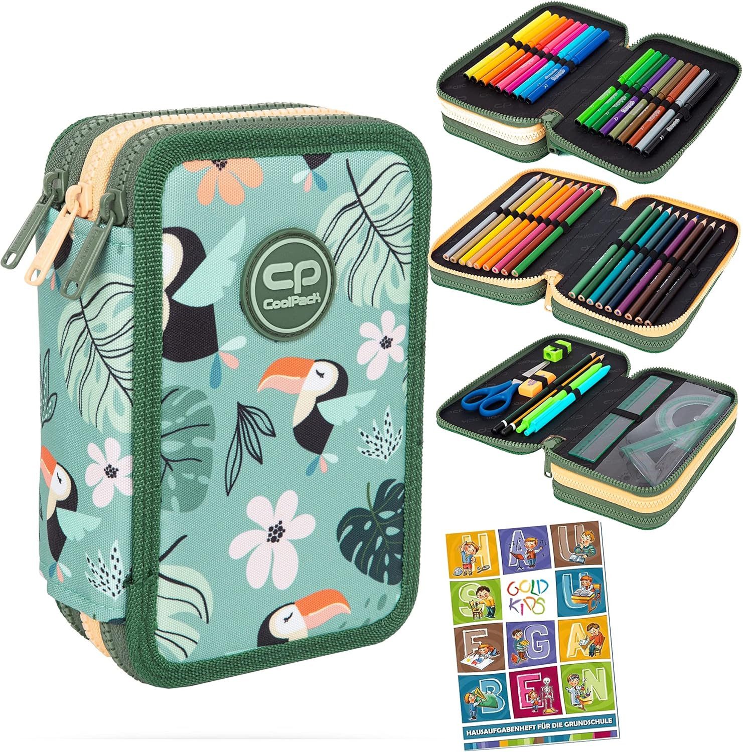 GOLDKIDS Federmäppchen Federtasche 3-fache Federmappe Toucans, (46-teilig gefüllte Schüleretui Stifte und Pinsel, 1-tlg., inkl. Aufgabenheft Federbox Etui Stiftetasche), Etui Stiftetasche Schlamper-Etui Schul-Etui