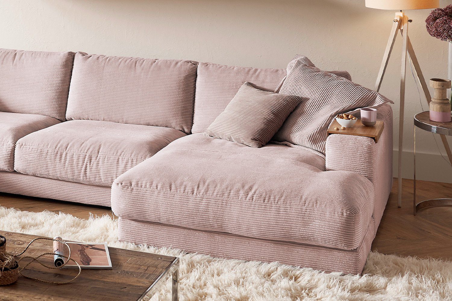 KAWOLA Sofa od. versch. rosa Longchair Wohnlandschaft Farben MADELINE, rechts links, Cord, U-Form