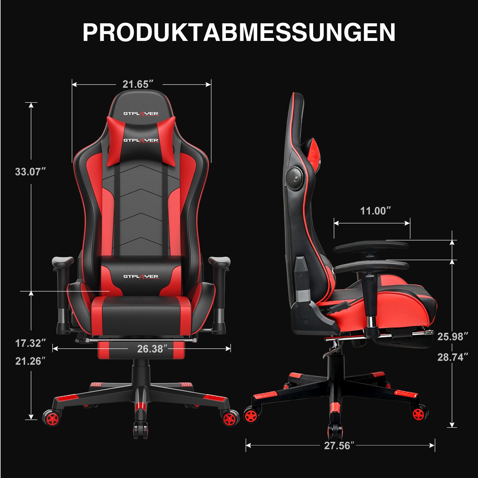 GTPLAYER Gaming-Stuhl Bürostuhl Gamer Stuhl mit Fußstützen Bluetooth Lautsprecher, Ergonomischer Musik Computerstuhl inkl. Lendenwirbel- und Nackenkissen