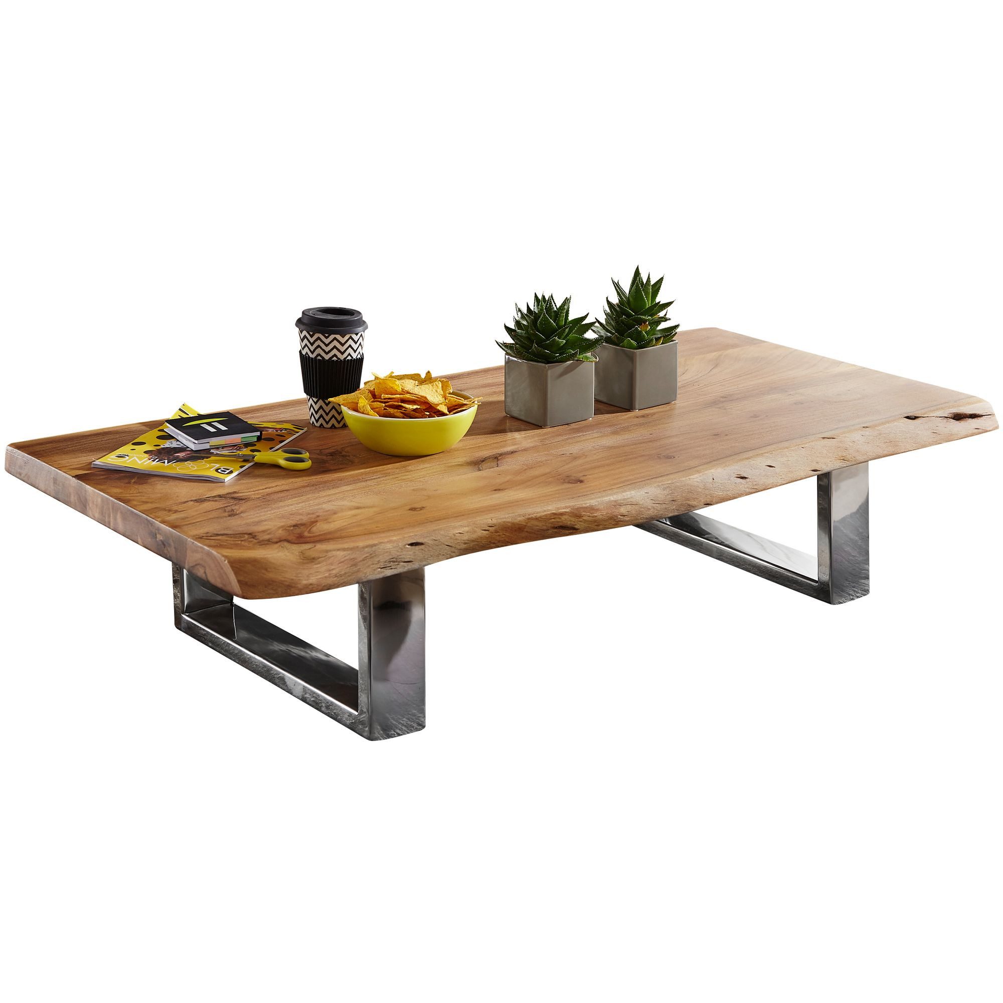 Wohnling Couchtisch WL5.524 Akazie Wohnzimmertisch Holz Massiv Sofatisch Baumkante Flac (115x25x58 cm Akazie Massivholz Metall Rechteckig), Sofatisch Baumkante, Großer Wohnzimmertisch
