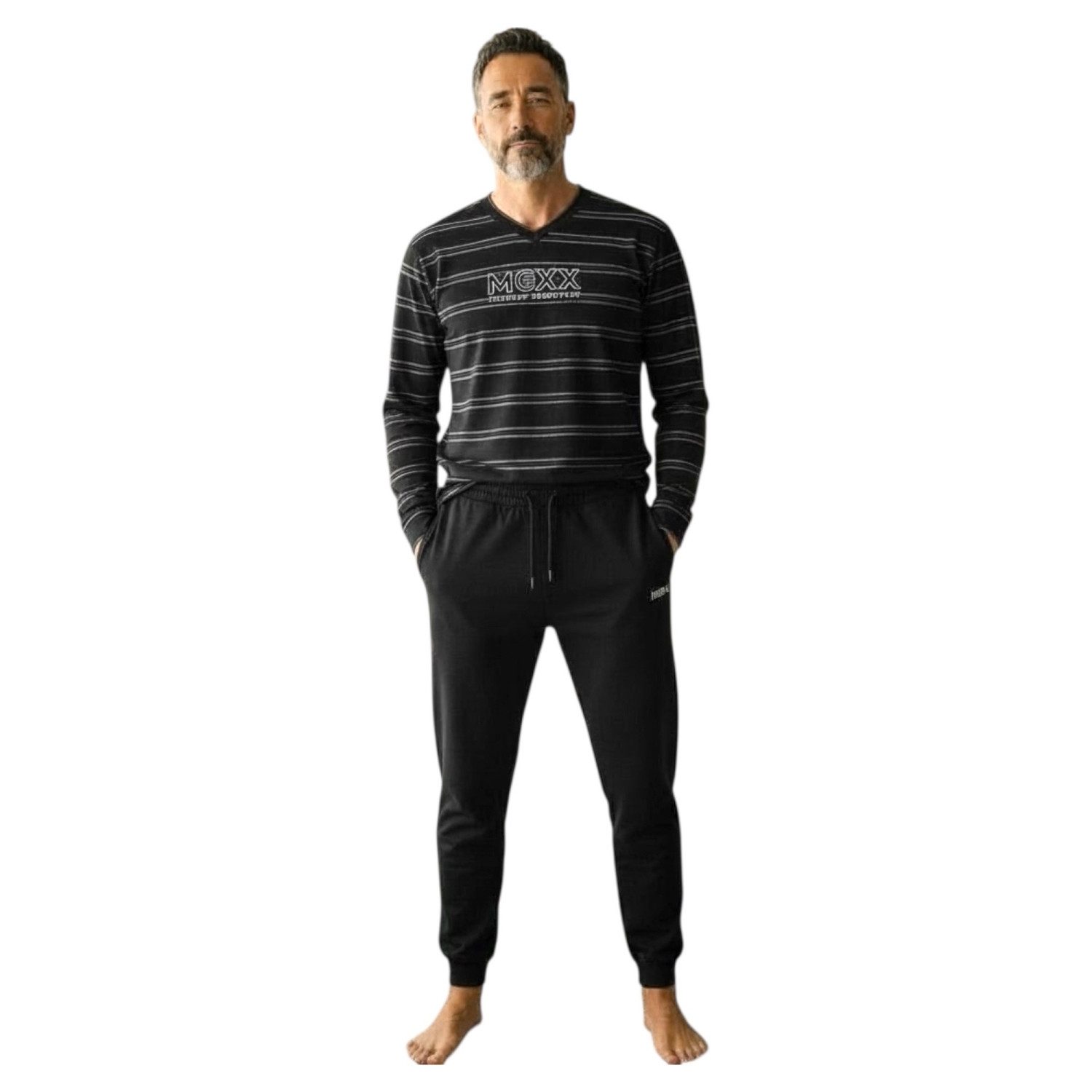 Mexx Pyjama Herren Pyjamaset Schlafanzug V-Ausschnitt LOGO Nachtwäsche Schwarz (2 tlg)