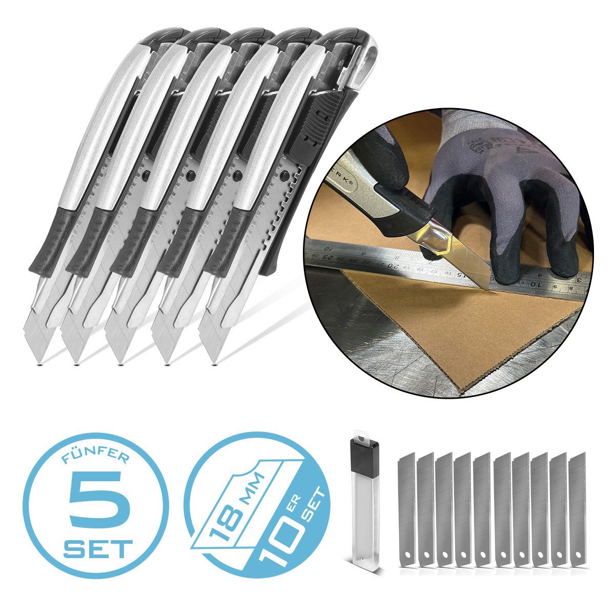 STAHLWERK Резакиmesser Premium-Cuttermesser PCM-181 ST 5er Set, (Packung, 5-tlg., Set), mit 18 mm Abbrechklingen Profi Резаки