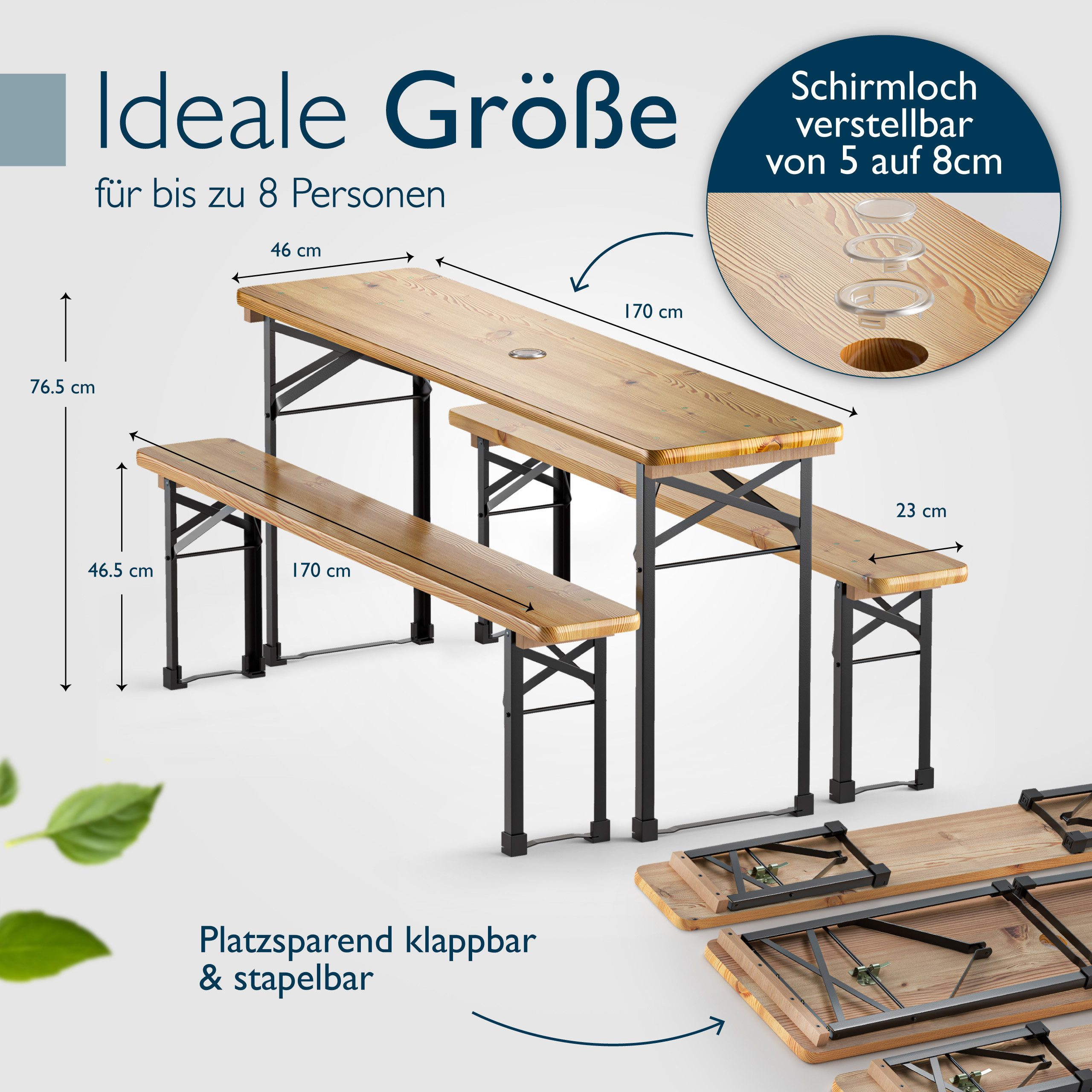 Beautissu Bierzeltgarnitur 3tlg Bierzeltgarnitur klappbar Holz BT22, 170x46cm, Biergartengarnitur Festzeltgarnitur Campingtisch Outdoor – Bild 4 von 5