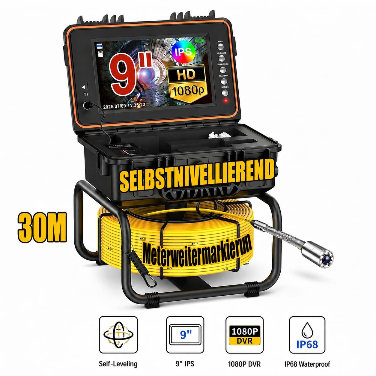 ANYSUN Rohrkamera mit Selbstnivellierung, 9-Zoll-1080P-IPS-HD-Bildschirm Inspektionskamera (HD, 30M Kabel mit Meter-Markiertem Kabel, IP68-wasserdicht, 32GB)