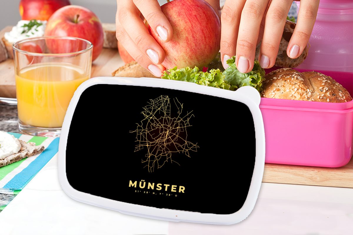 MuchoWow Lunchbox Gold - Karte Snackbox, Kunststoff, Brotdose Stadtplan, für Münster Brotbox Kunststoff - Kinder, (2-tlg), Erwachsene, - rosa Mädchen