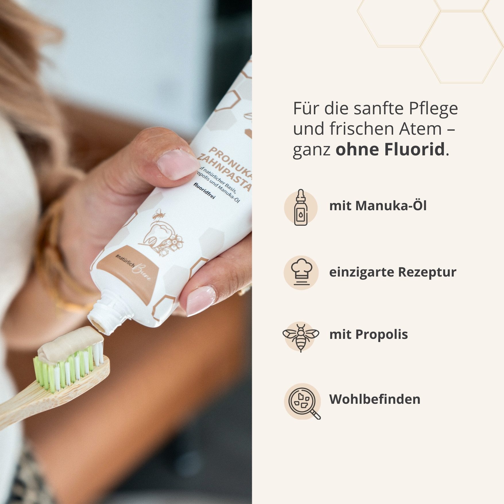 bedrop Zahnpasta Pronuka mit Propolis & Manuka-Öl, fluoridfrei & ohne Titandioxid, (Zahnpasta ohne Fluorid I Fluoridfrei I Zahnpasta weiße Zähne I Zahncreme) sanfte Zahnpflege und frischen Atem – ganz ohne Fluorid