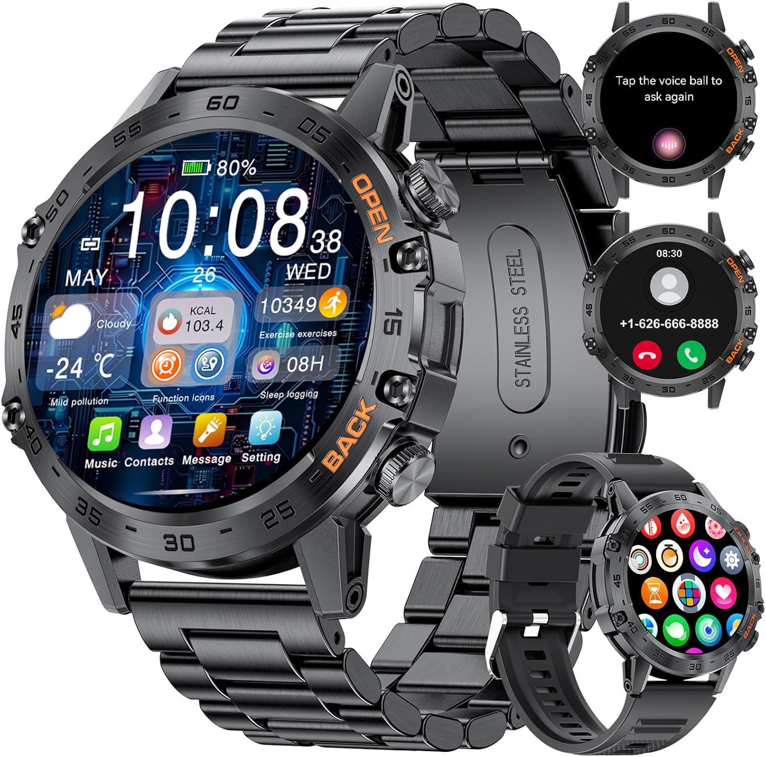 SUNKTA BW1846A Smartwatch (3,5 cm, android ios), Herren Smartwatch mit Bluetooth Anrufen Musik Wiedergabe 100 Sportmodi