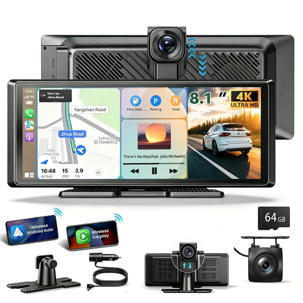 ESSGOO 4K 8,1“ Android Auto 360° Dashcam mit Rückfahrkamera Spiegel Dashcam (HD, Tragbar Autoradio Rückfahrkamera IPS Touchscreen GPS Navi FM AUX)