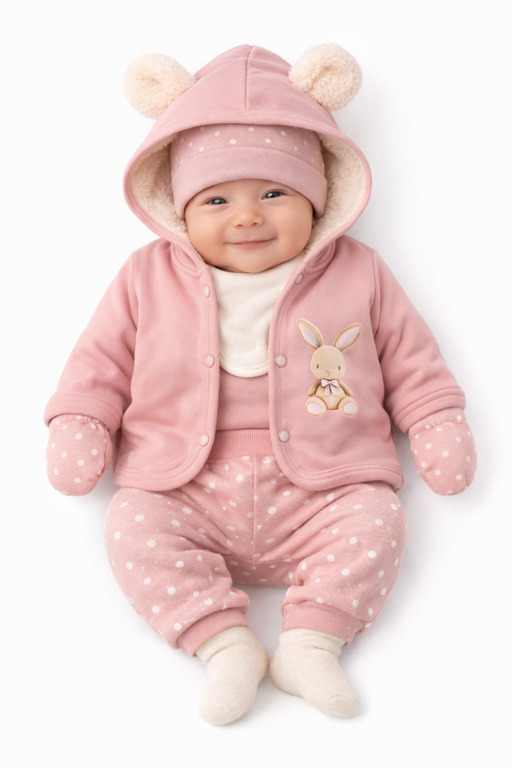 La Bortini Erstausstattungspaket Baby Anzug Jacke Hose Hemdchen Mütze Socken Fäustlinge Sabbertuch rosa (Set für Mädchen, 7-teilig, Anorak, Hose, Shirt, Handschuhe, Haube, Strümpfe, Lätzchen) in altrosa mit Hasen, 44 50 56 62 68 74