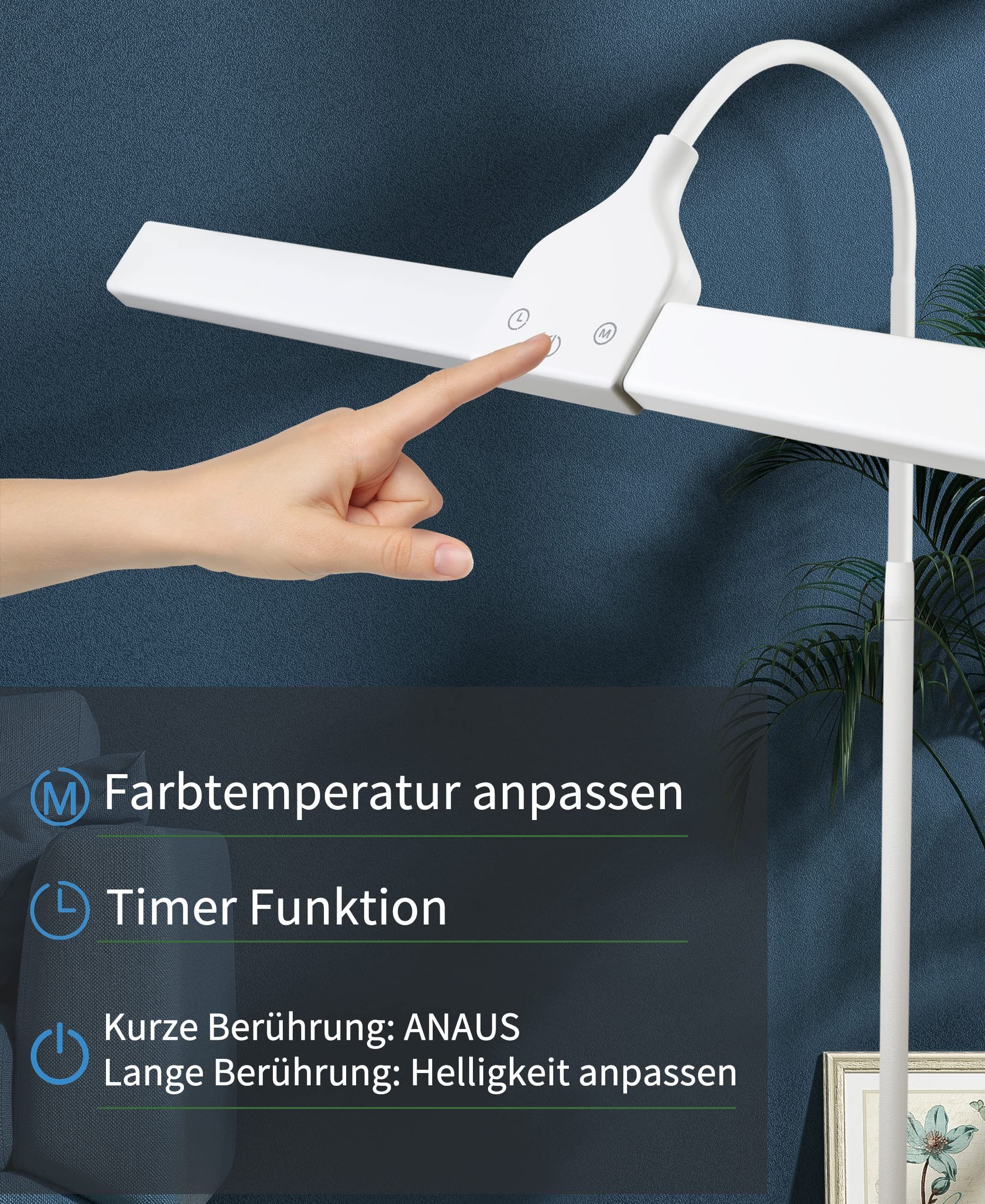 ZMH LED Stehlampe Leselampe Modern Dimmbar 178CM Metall mit Timer für Schlafzimmer Büro, dimmbar, LED fest integriert, 3000-6500k