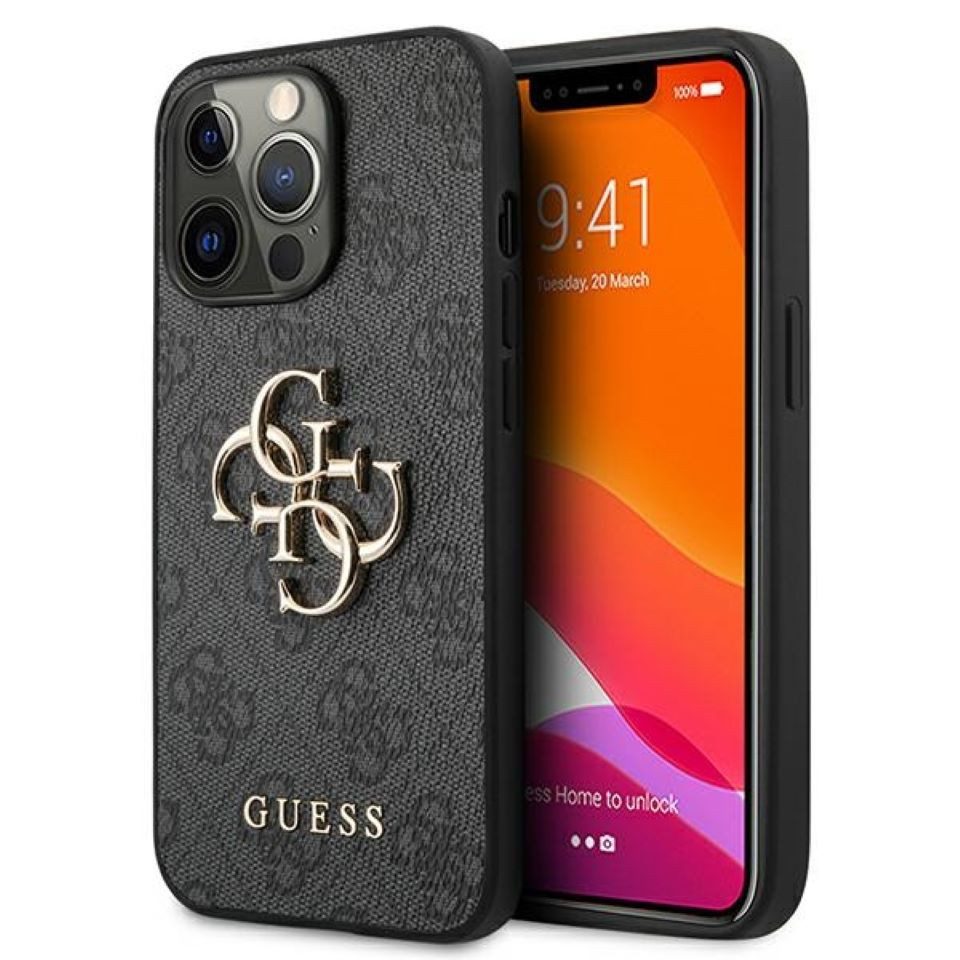 Guess Handyhülle Hardcase iPhone 13 Pro Max grau Logo Metall goldfarben 6,7 Zoll, Kantenschutz