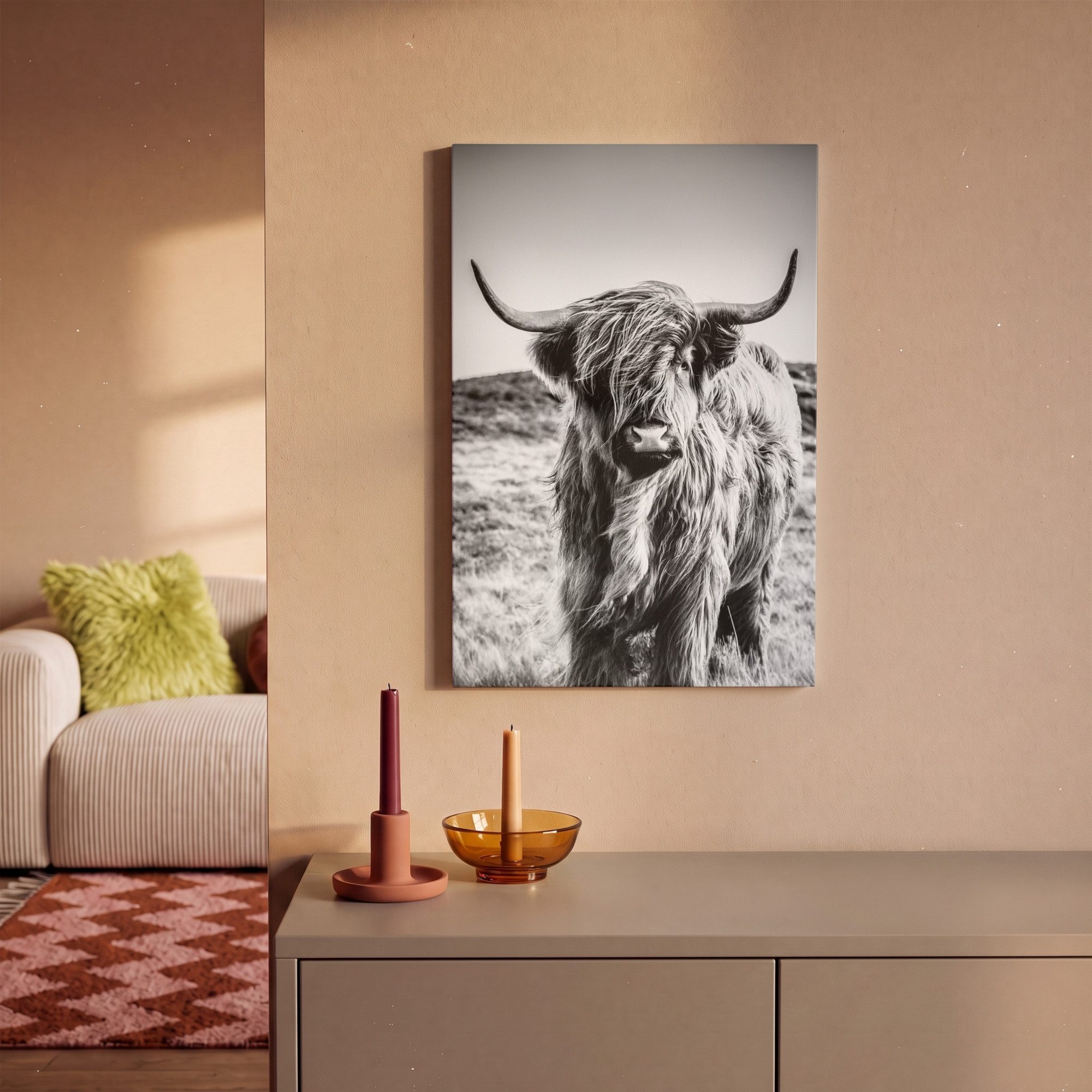 OneMillionCanvasses® Leinwandbild Schottischer Highlander - Natur - Kuh - Schwarz - Weiß, Fotodruck (1 St), Leinwand Canvas Wandbild, Wanddekoration 20x30 cm – Bild 2 von 5